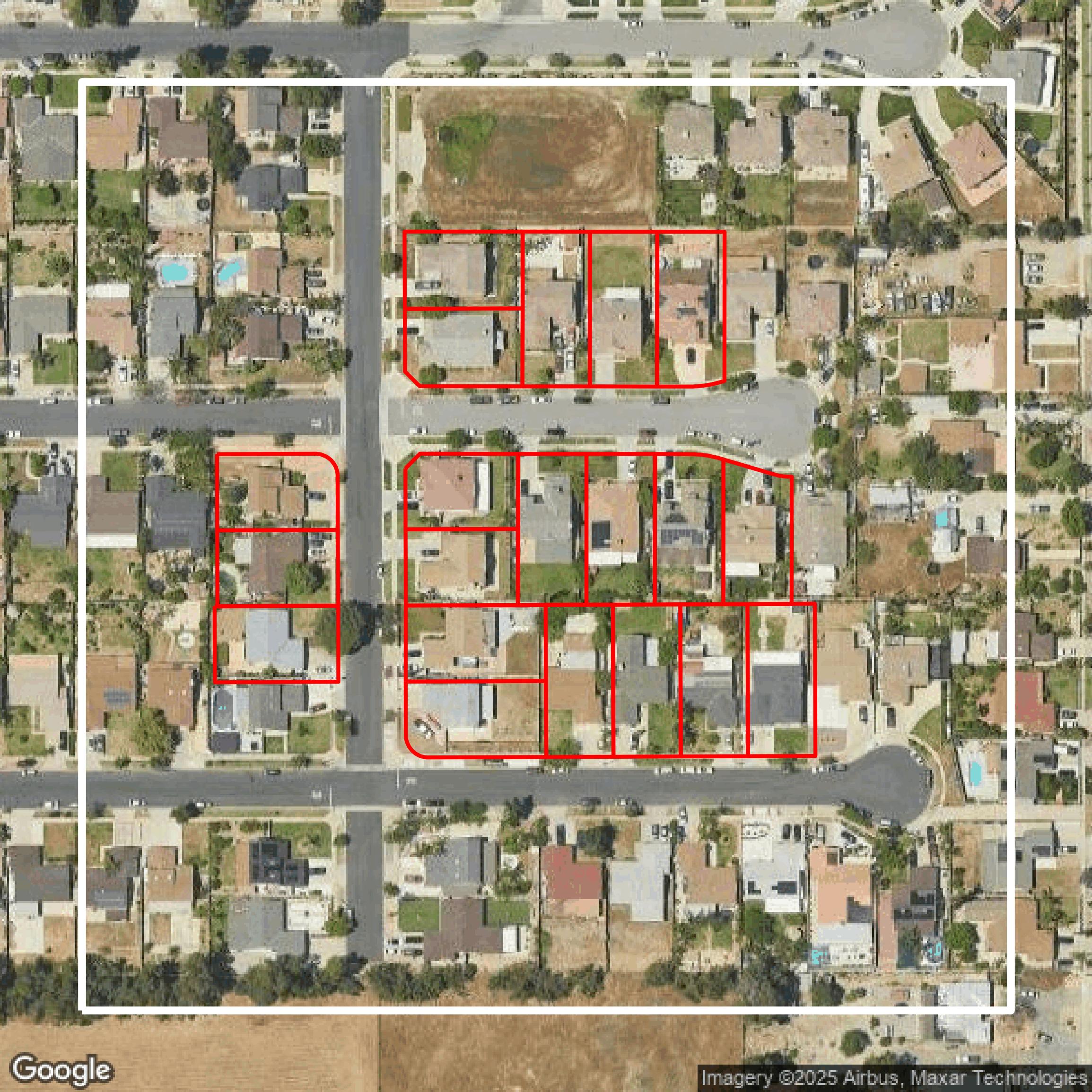 This image shows parcel and building data in San Bernardino County created using GIS data in Equator.