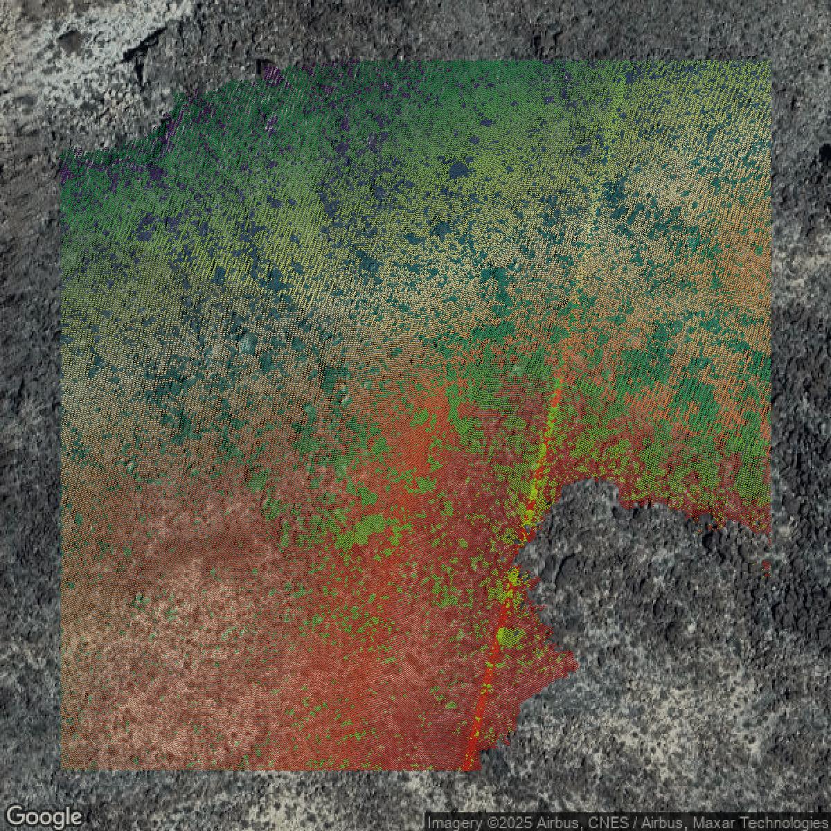 This image shows a LiDAR point cloud in San Diego County created using GIS data in Equator.