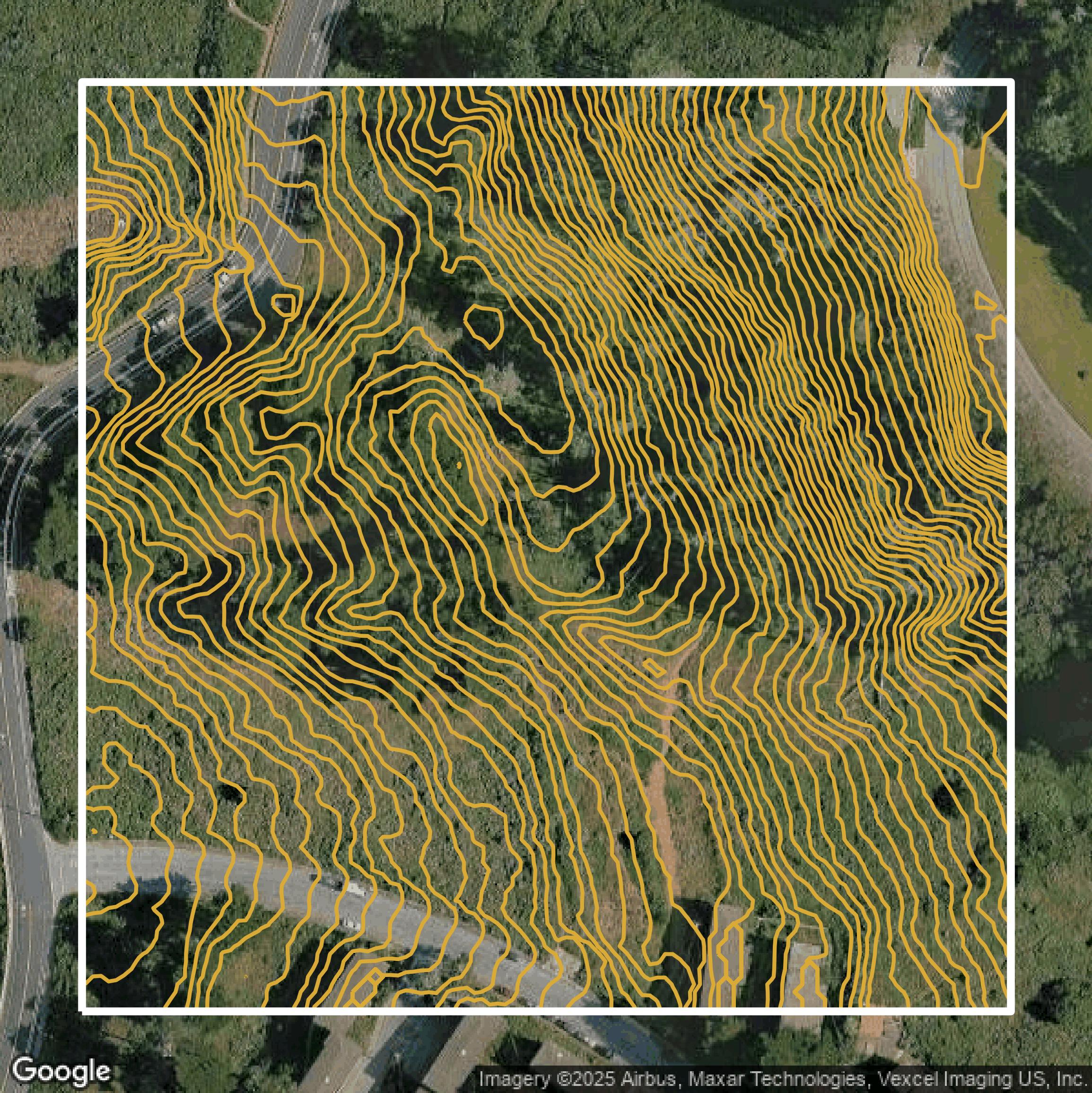 This image shows a contour map in San Francisco County created using GIS data in Equator.