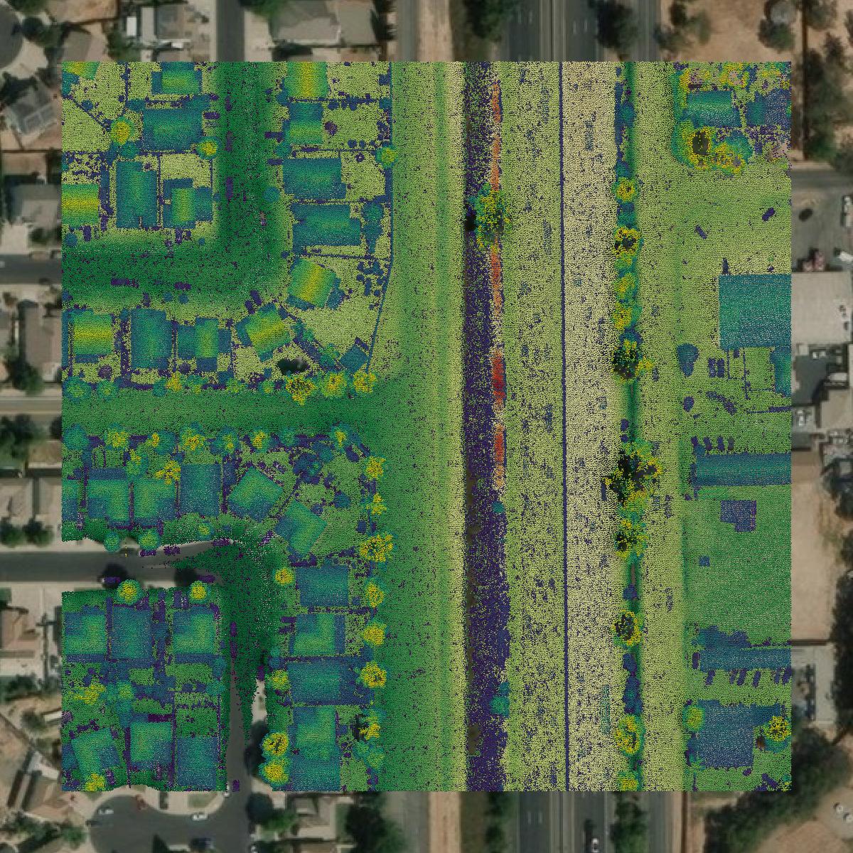 This image shows a LiDAR point cloud in San Joaquin County created using GIS data in Equator.