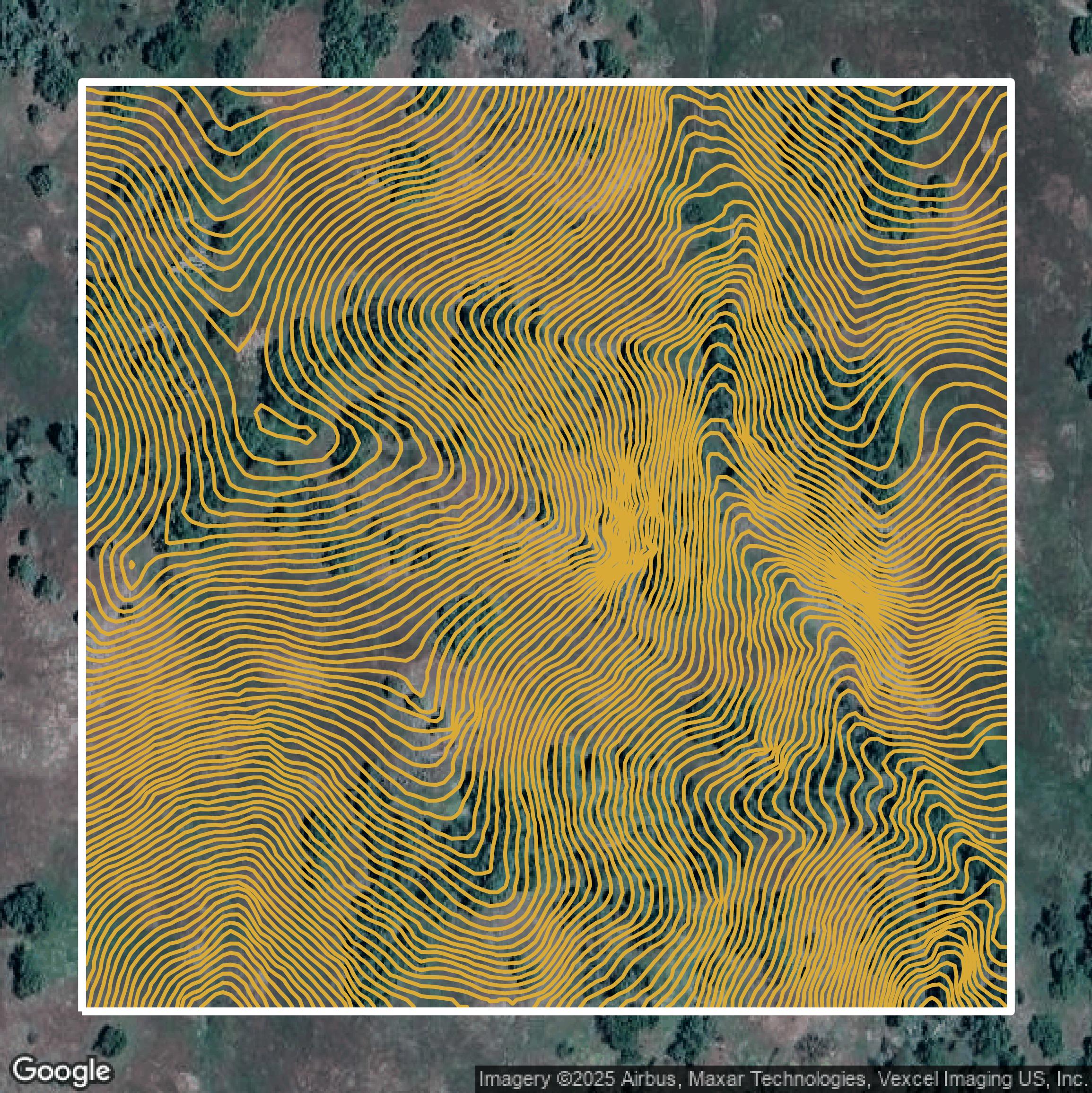 This image shows a contour map in Santa Clara County created using GIS data in Equator.