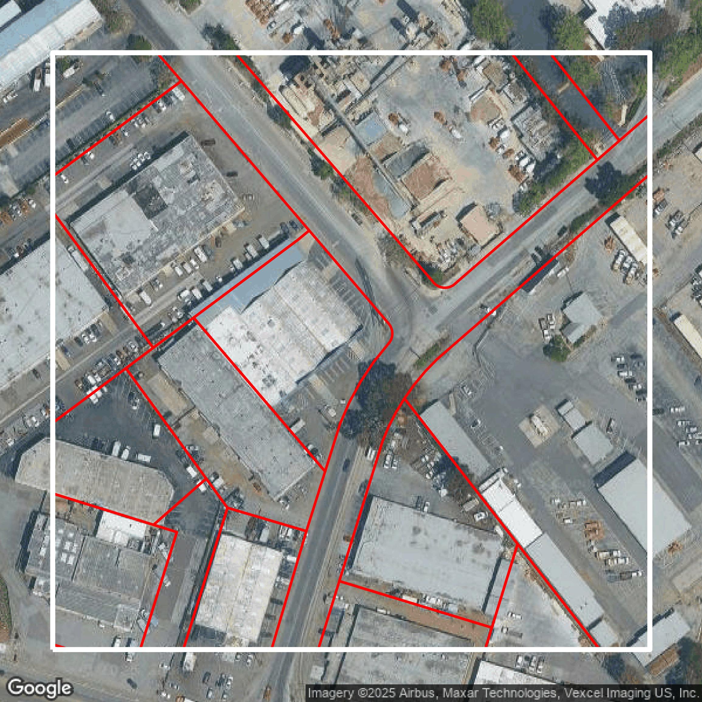 This image shows parcel and building data in Santa Clara County created using GIS data in Equator.