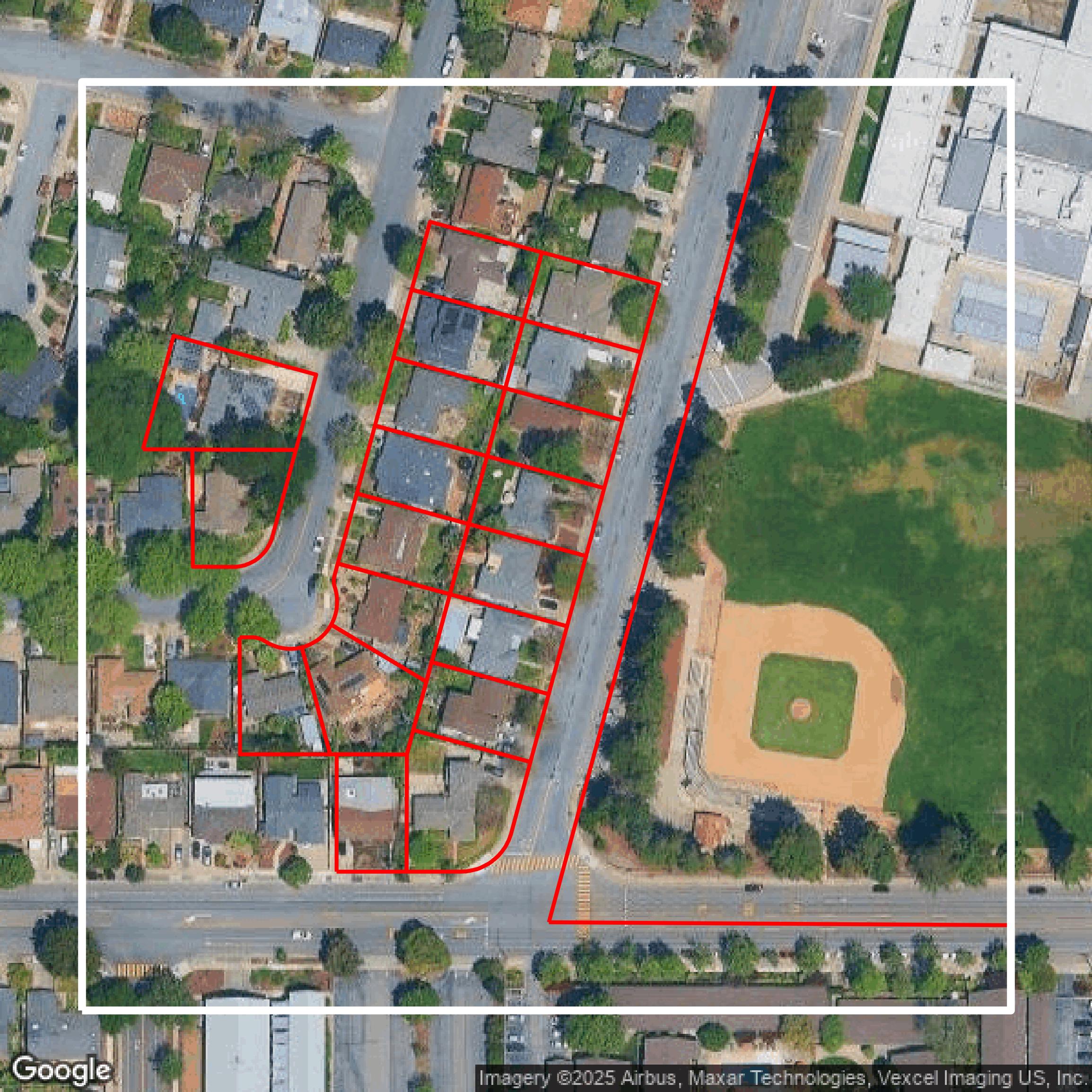 This image shows parcel and building data in Santa Clara County created using GIS data in Equator.