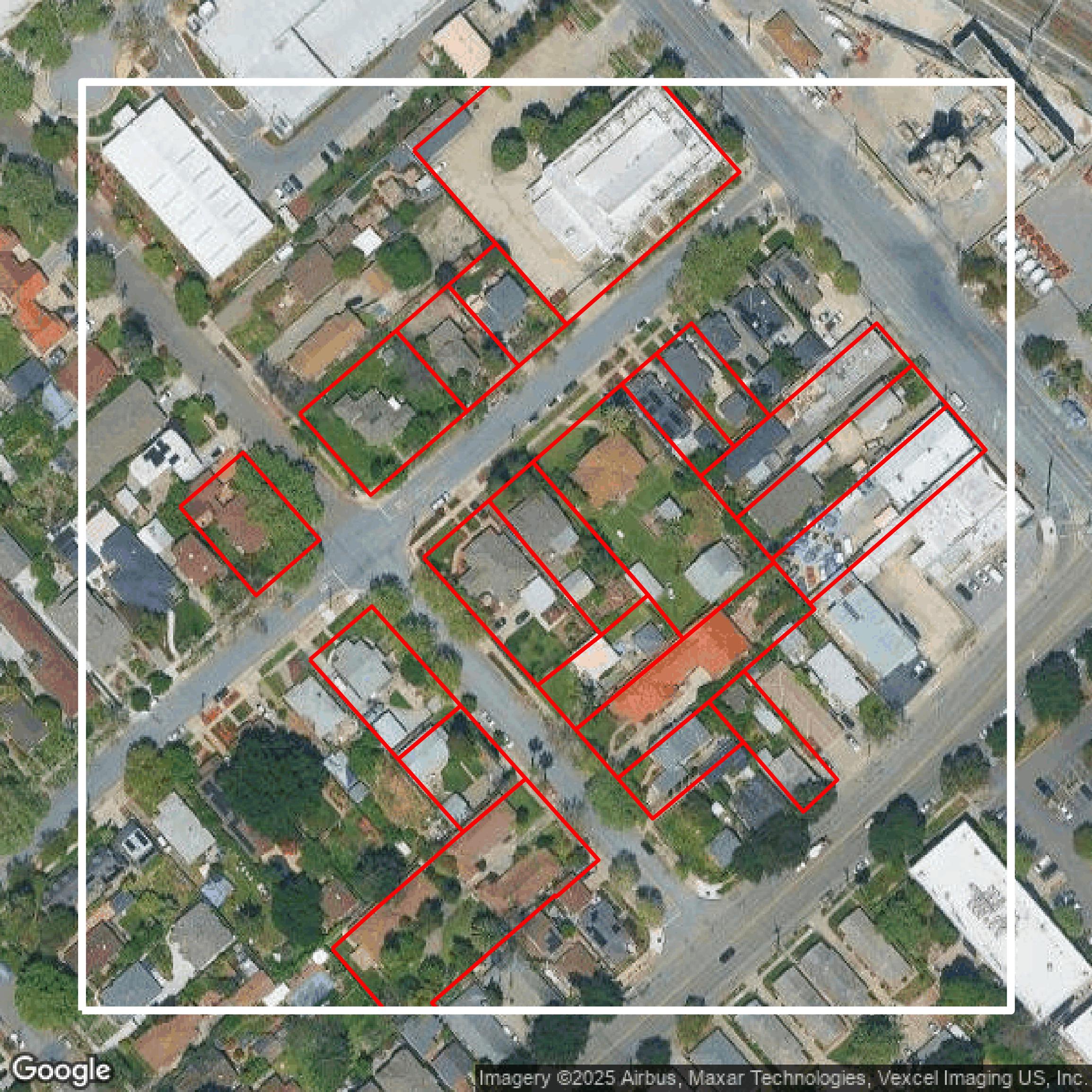 This image shows parcel and building data in Santa Clara County created using GIS data in Equator.