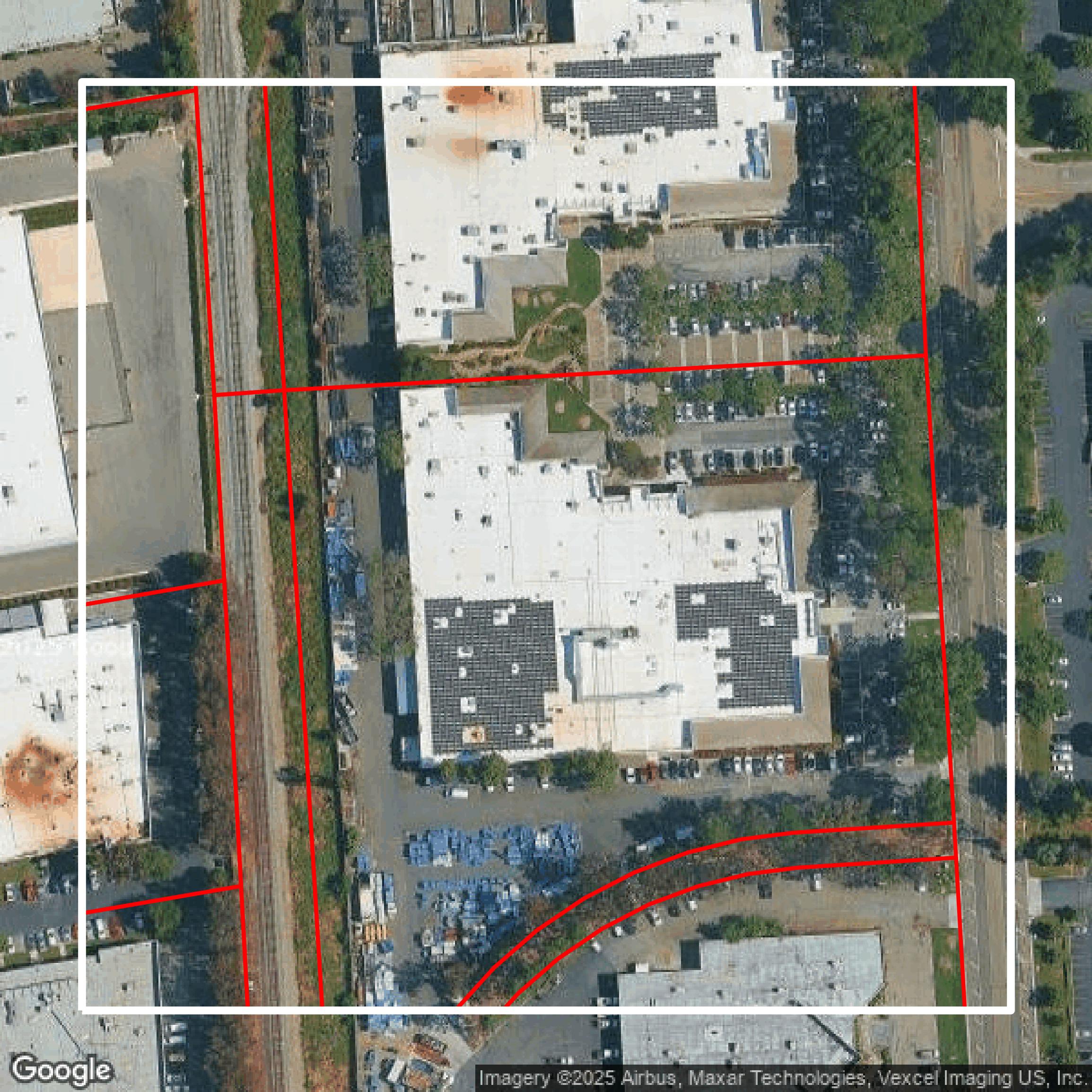 This image shows parcel and building data in Santa Clara County created using GIS data in Equator.