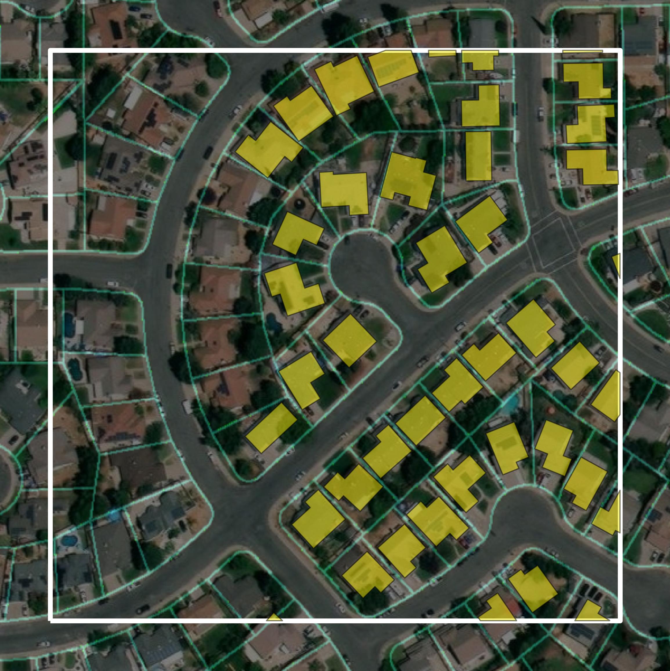 This image shows parcel and building data in Sutter County created using GIS data in Equator.