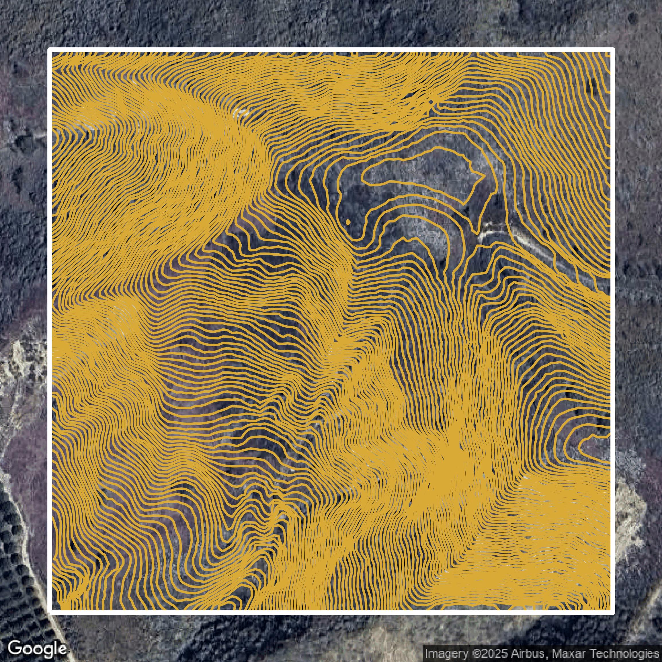 This image shows a contour map in Ventura County created using GIS data in Equator.