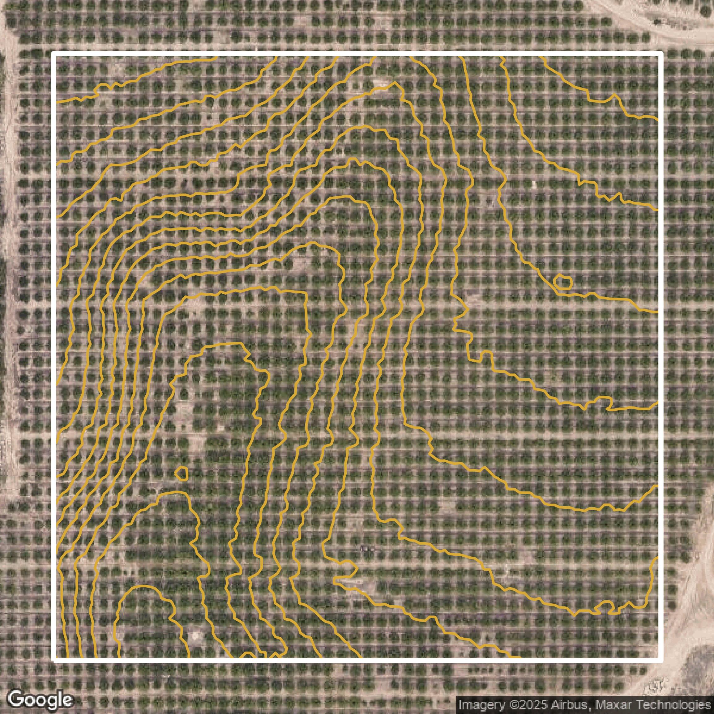This image shows a contour map in Ventura County created using GIS data in Equator.