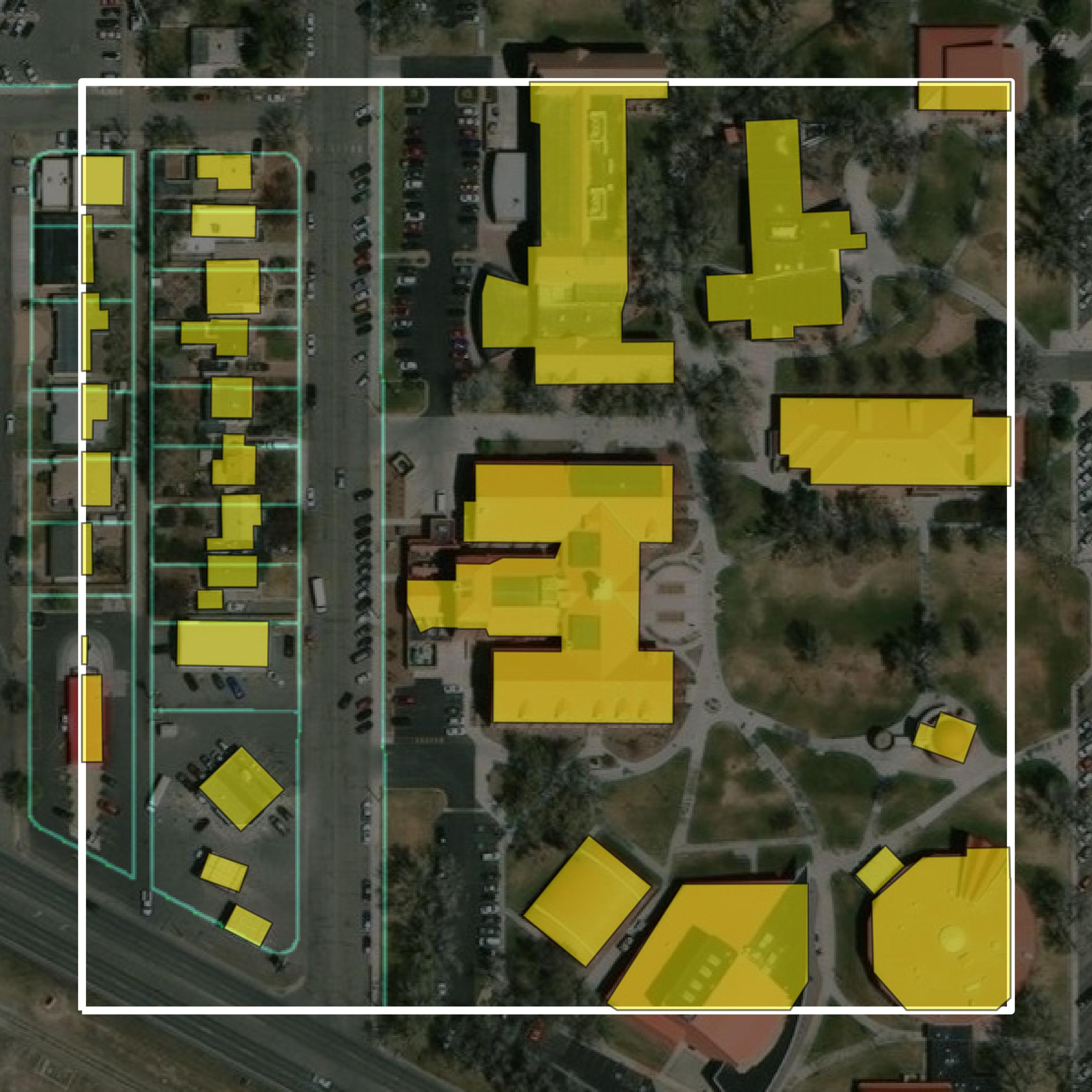 This image shows parcel and building data in Alamosa County created using GIS data in Equator.