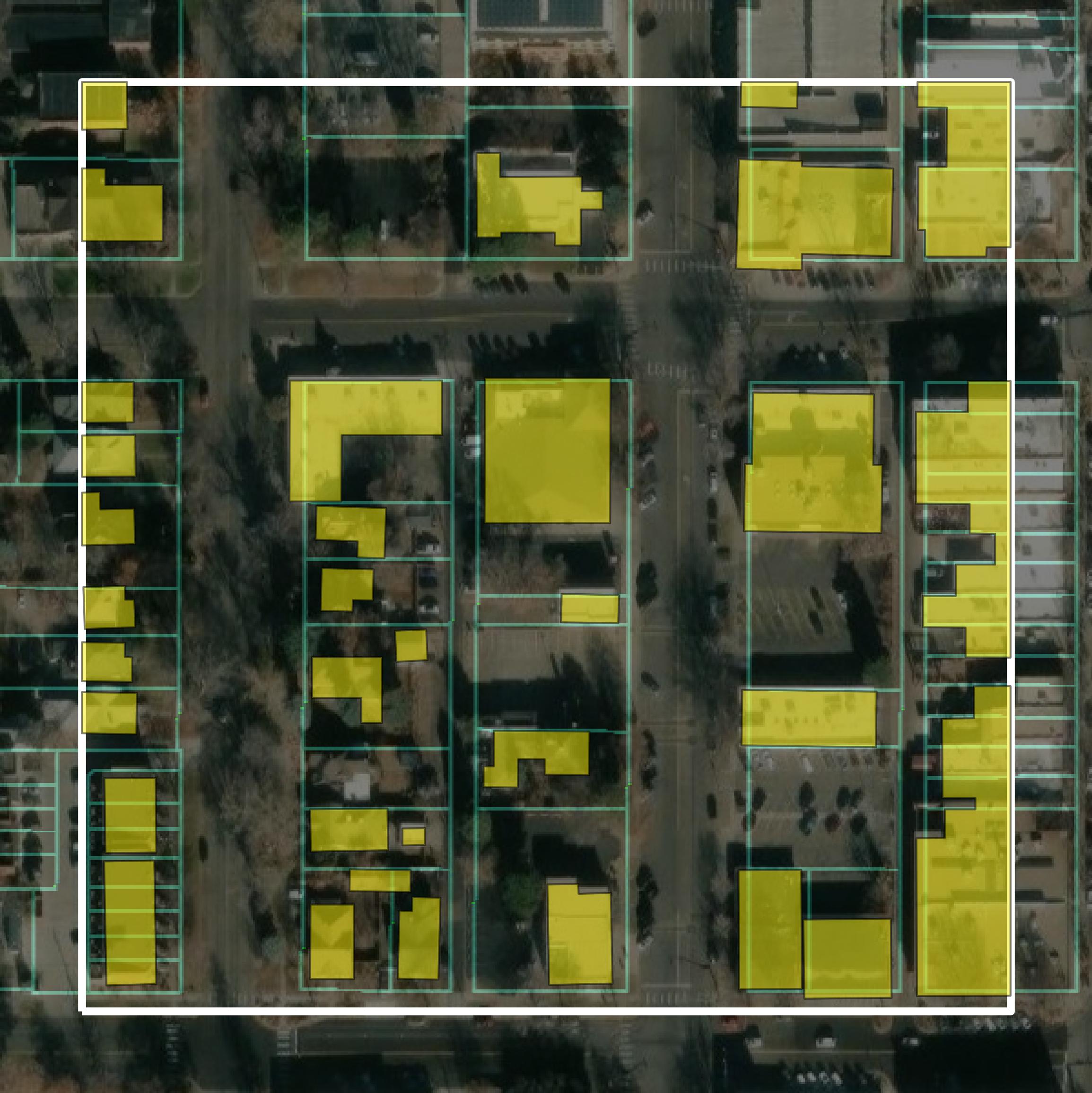 This image shows parcel and building data in Boulder County created using GIS data in Equator.