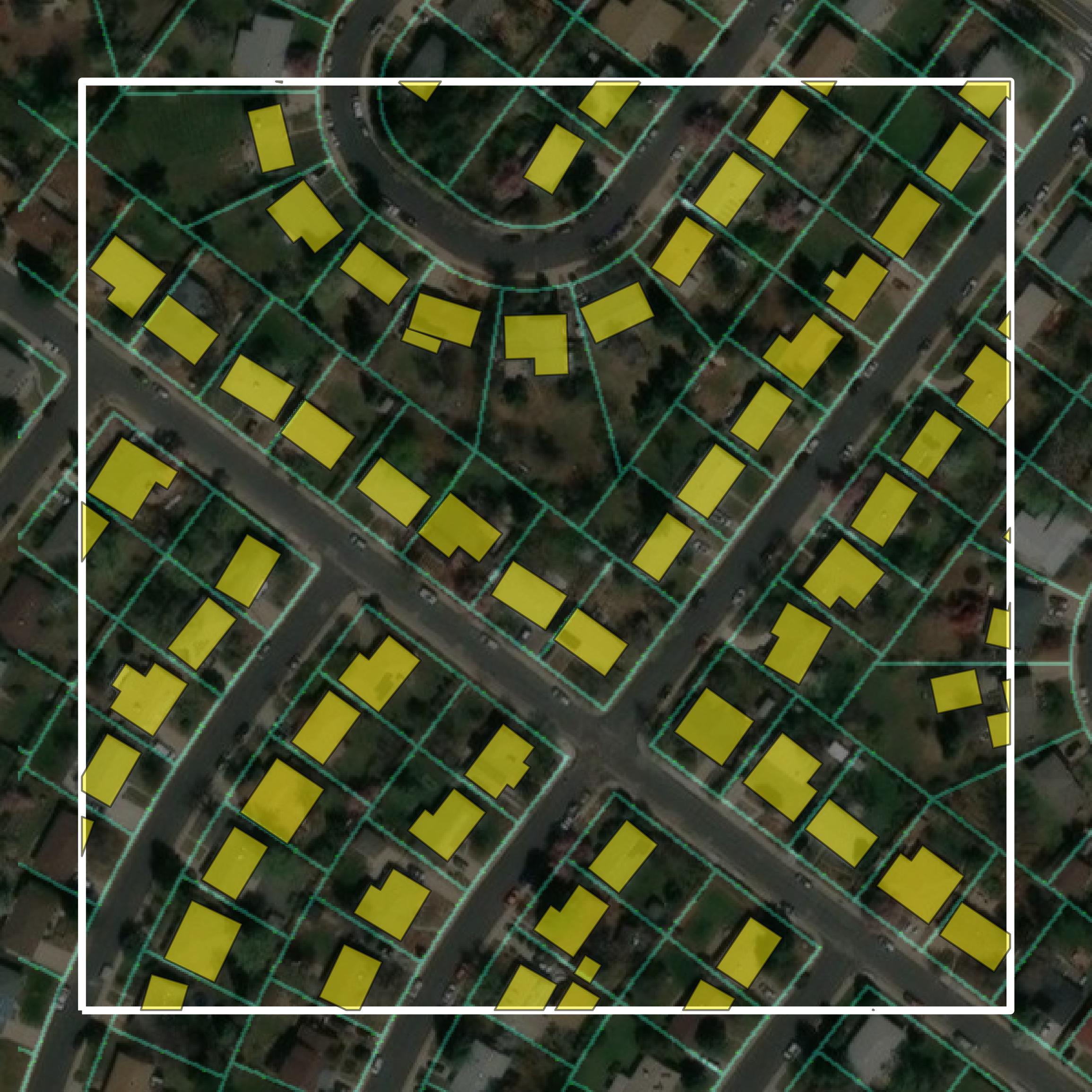 This image shows parcel and building data in Boulder County created using GIS data in Equator.