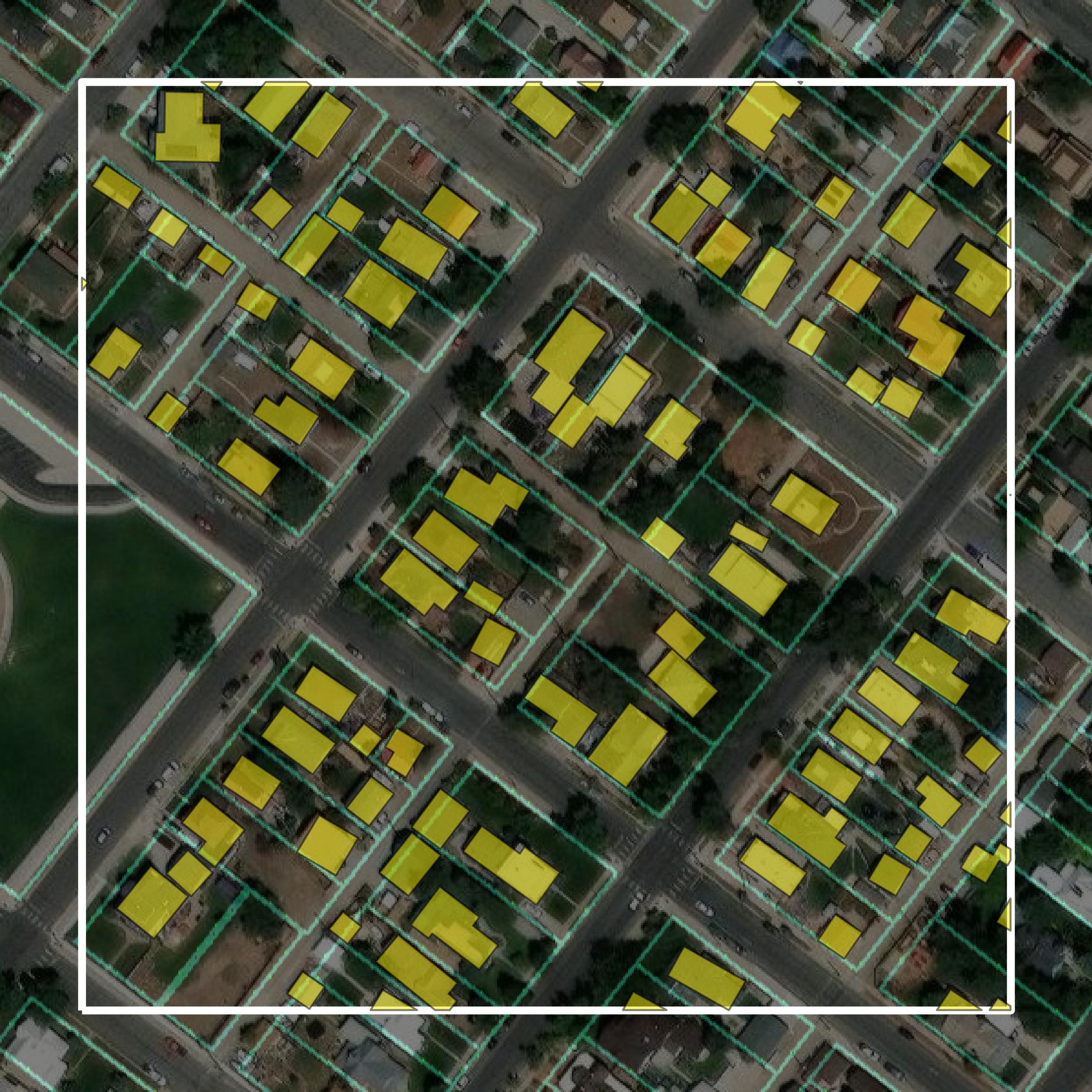 This image shows parcel and building data in Chaffee County created using GIS data in Equator.