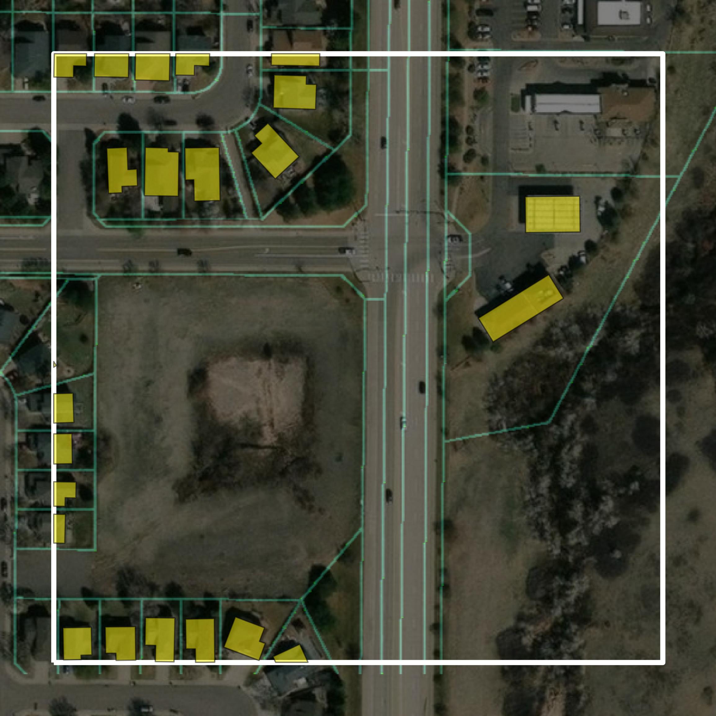 This image shows parcel and building data in Douglas County created using GIS data in Equator.