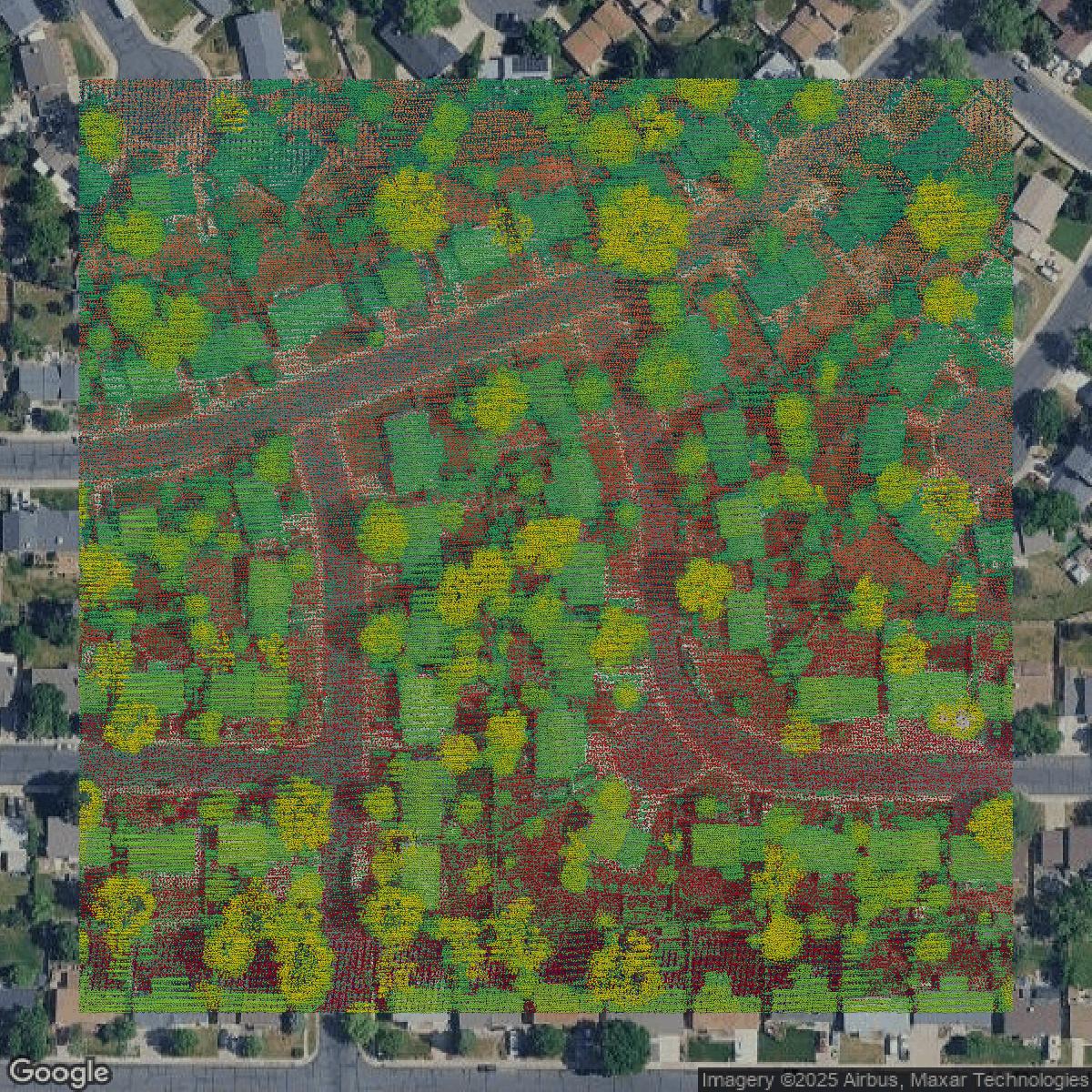 This image shows a LiDAR point cloud in Jefferson County created using GIS data in Equator.