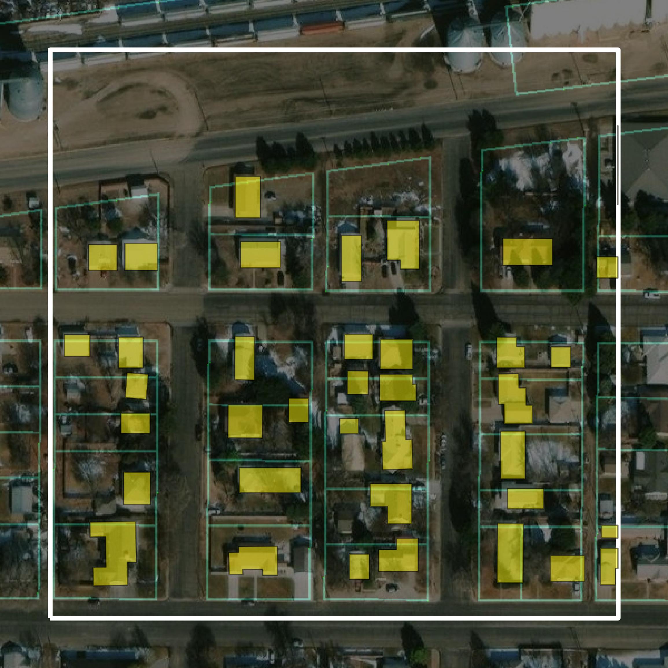 This image shows parcel and building data in Kit Carson County created using GIS data in Equator.