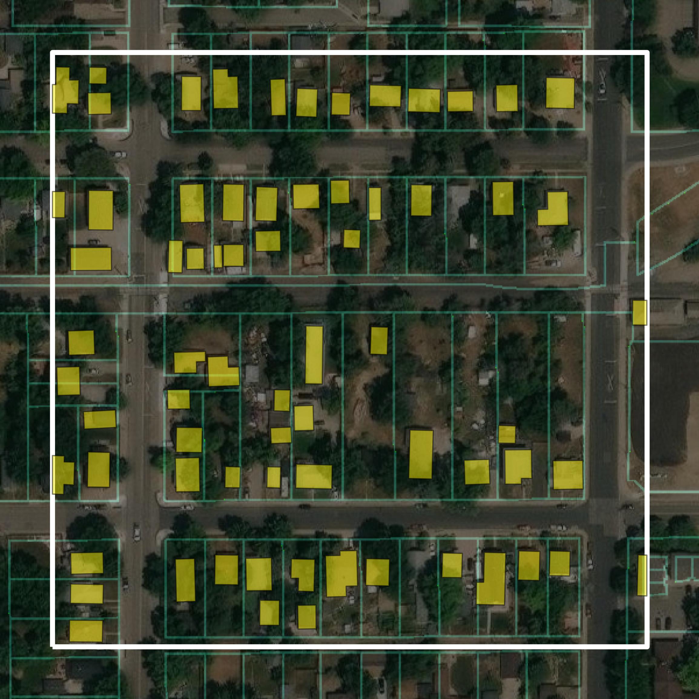 This image shows parcel and building data in Larimer County created using GIS data in Equator.