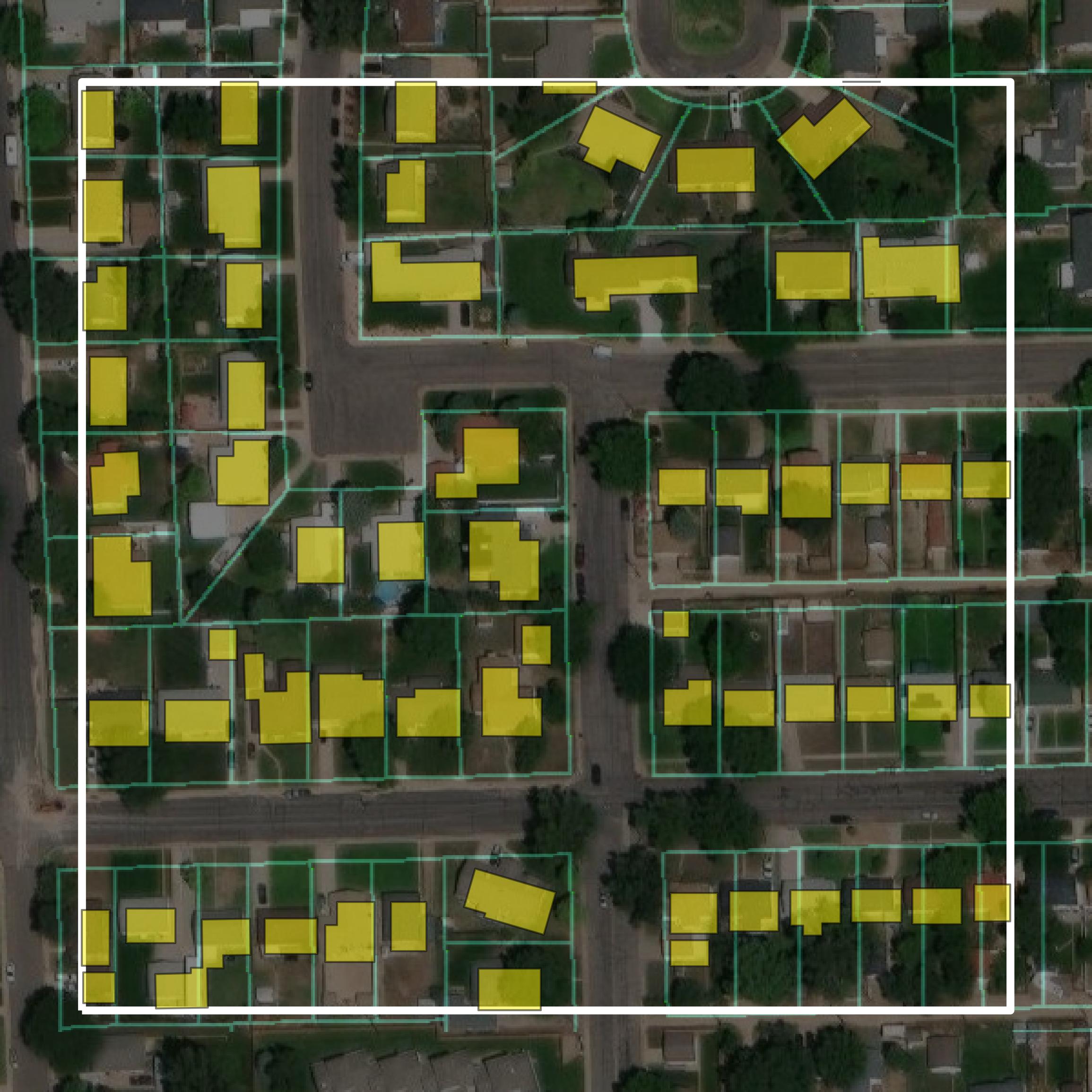 This image shows parcel and building data in Logan County created using GIS data in Equator.