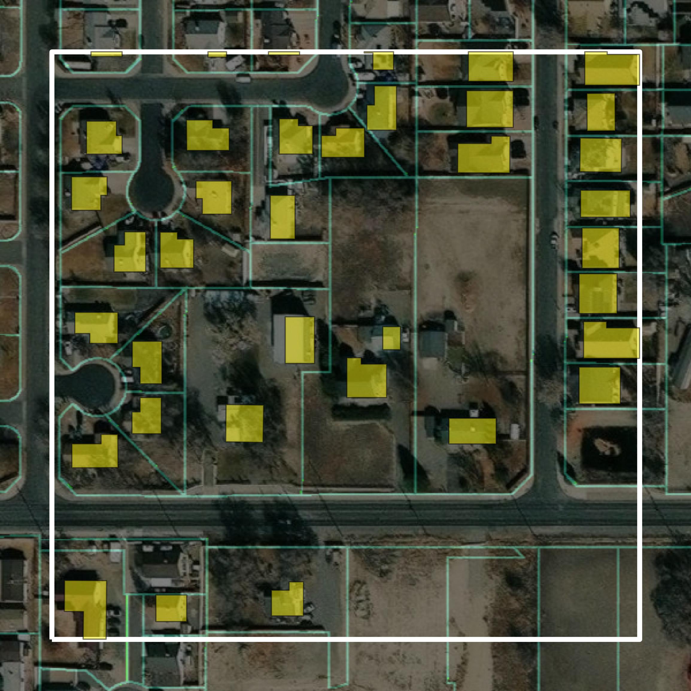 This image shows parcel and building data in Mesa County created using GIS data in Equator.