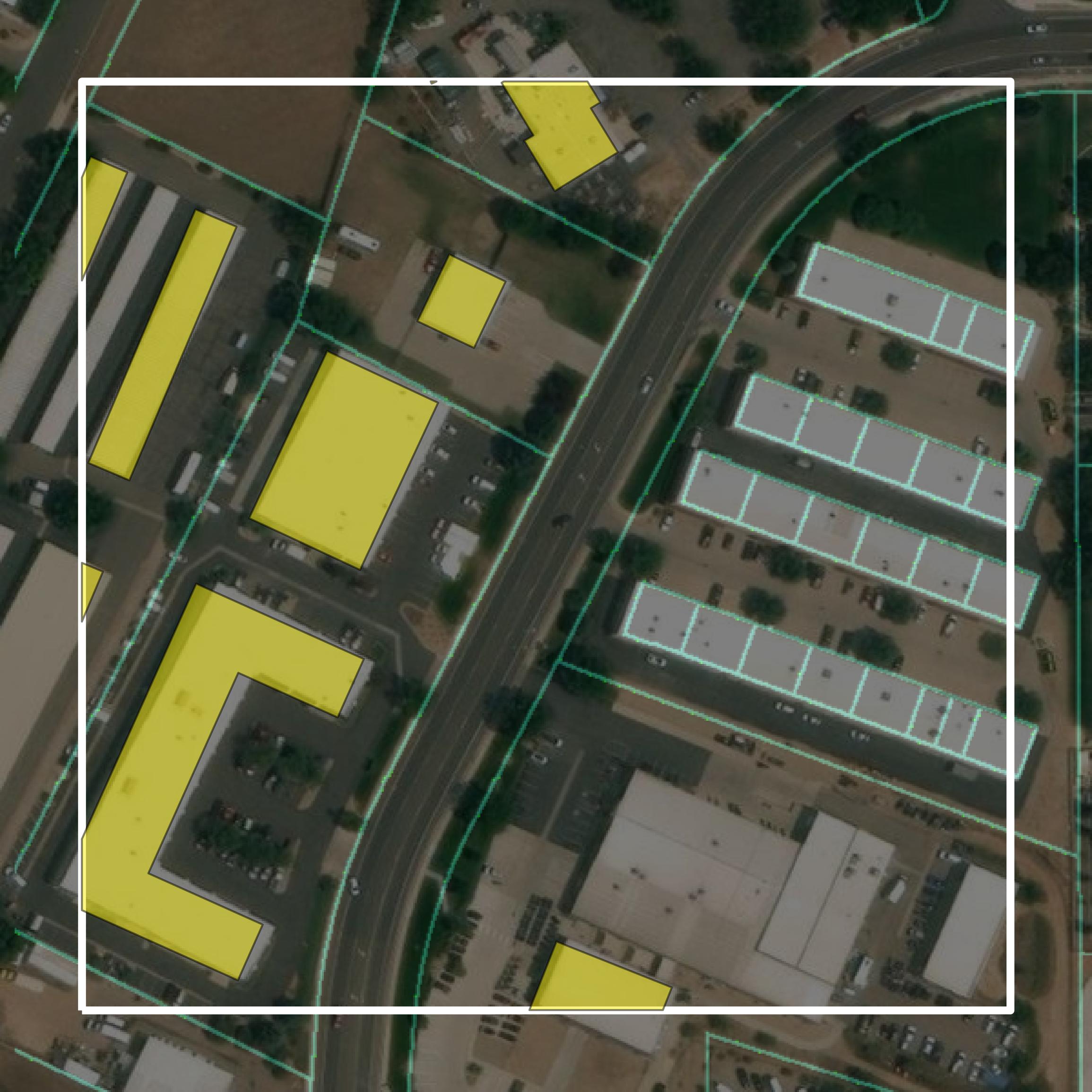 This image shows parcel and building data in Weld County created using GIS data in Equator.