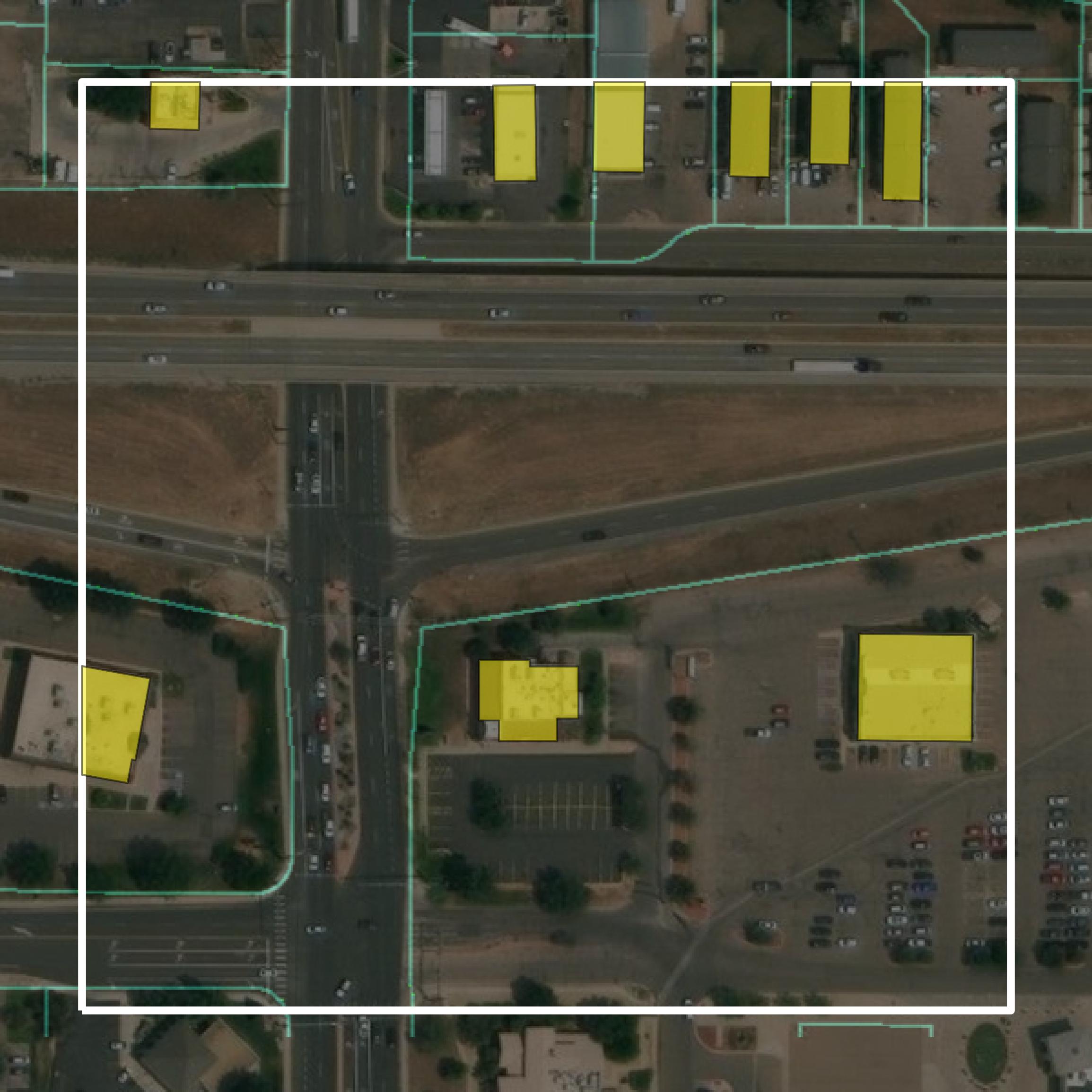 This image shows parcel and building data in Weld County created using GIS data in Equator.