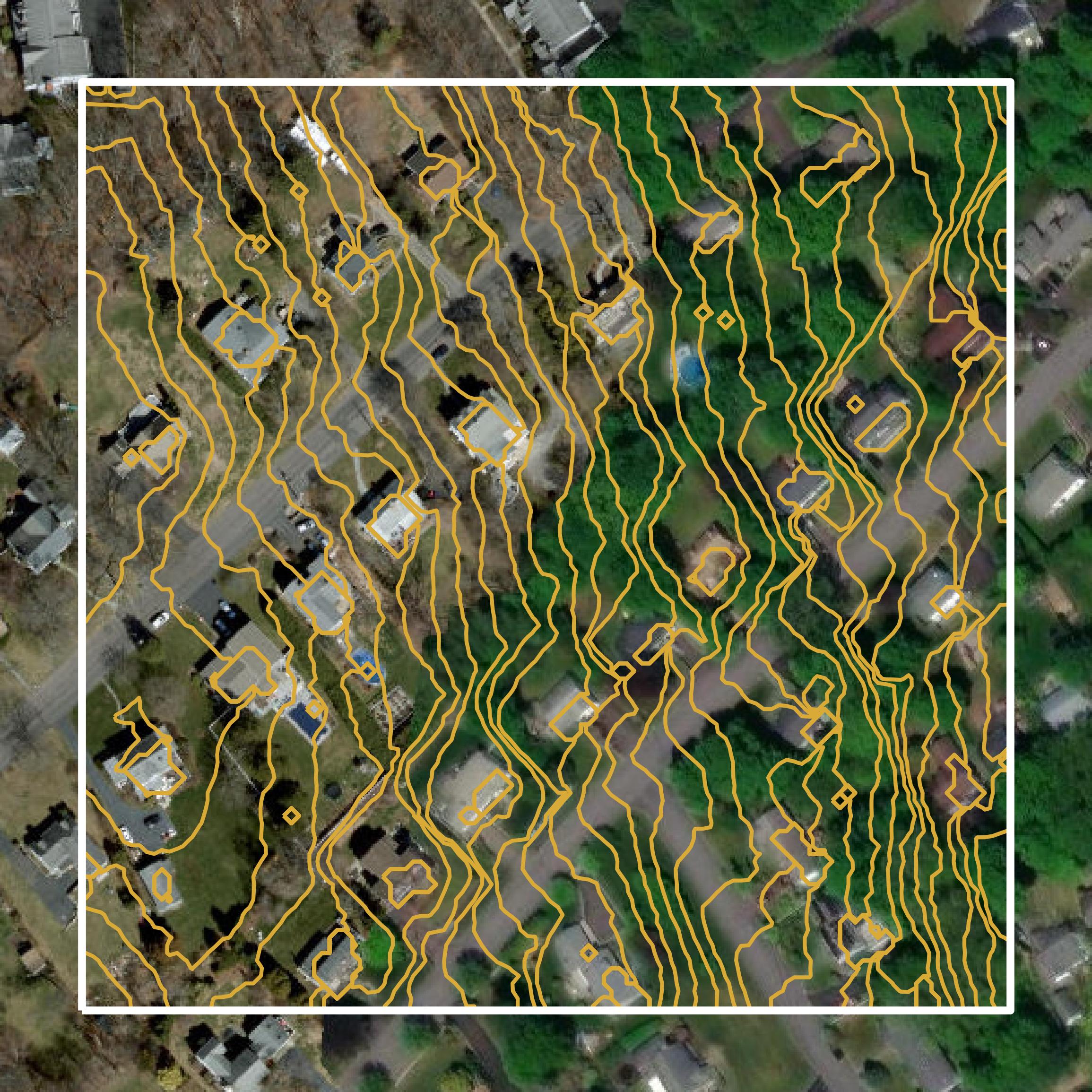 This image shows a contour map in Greater Bridgeport Planning Region created using GIS data in Equator.