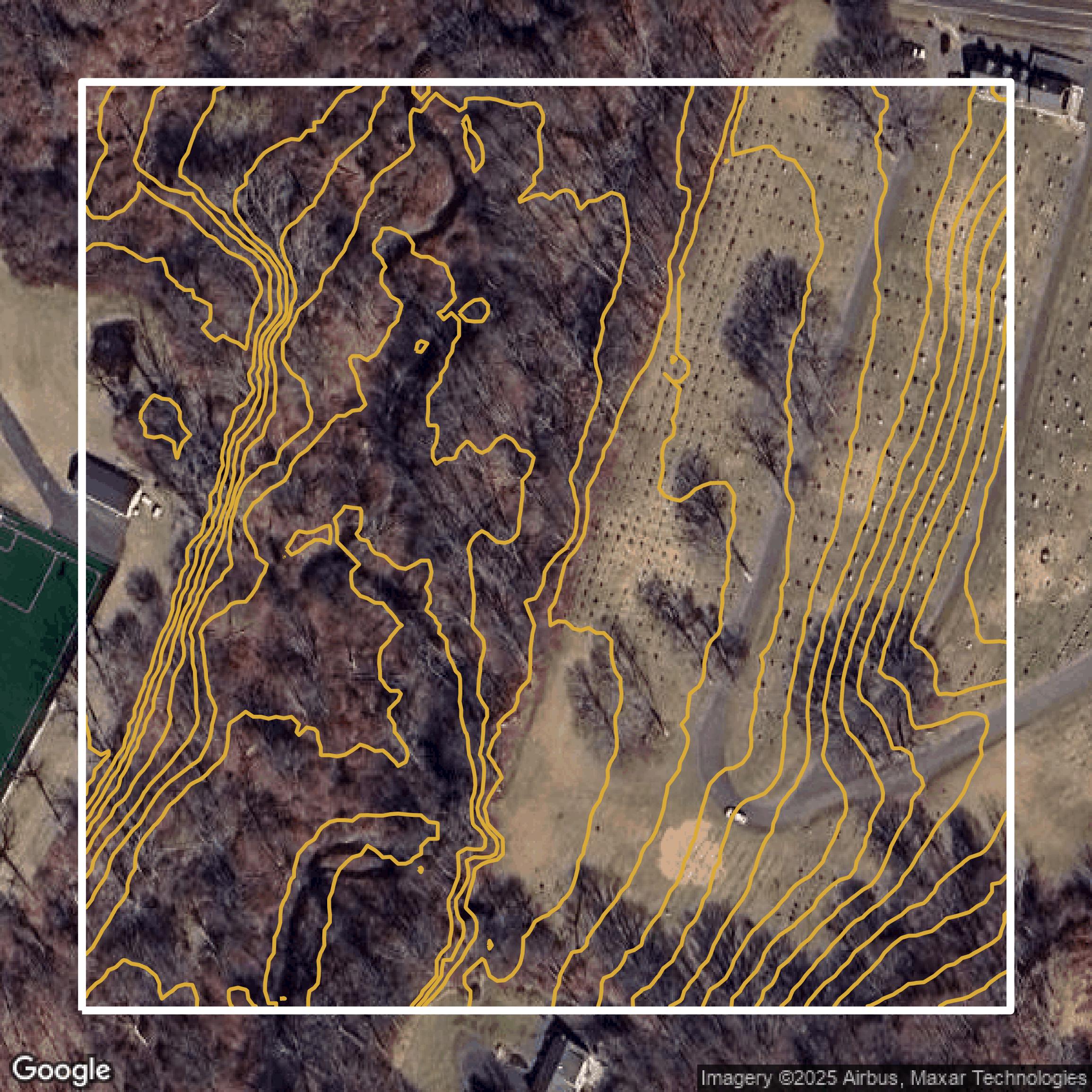 This image shows a contour map in South Central Connecticut Planning Region created using GIS data in Equator.