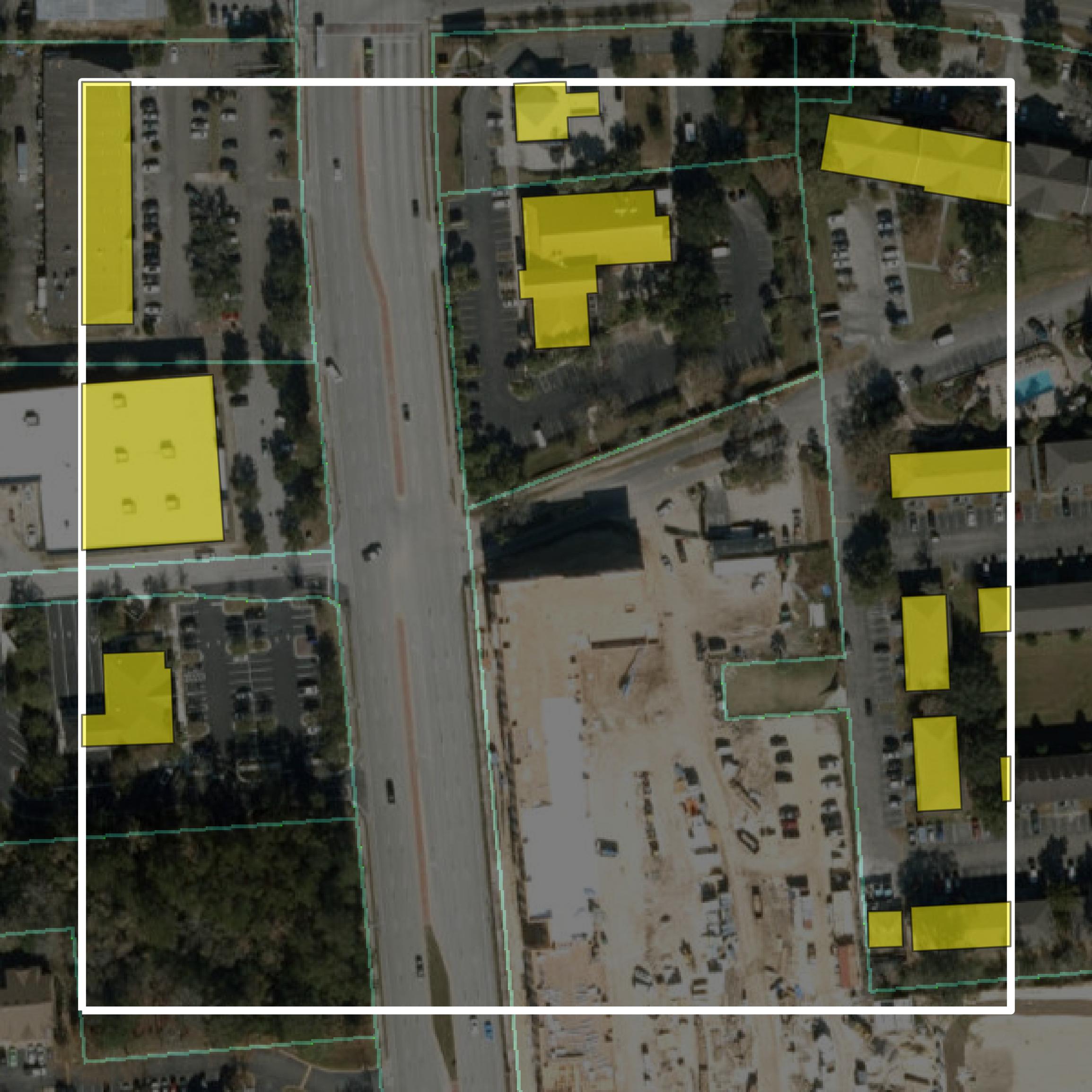 This image shows parcel and building data in Alachua County created using GIS data in Equator.