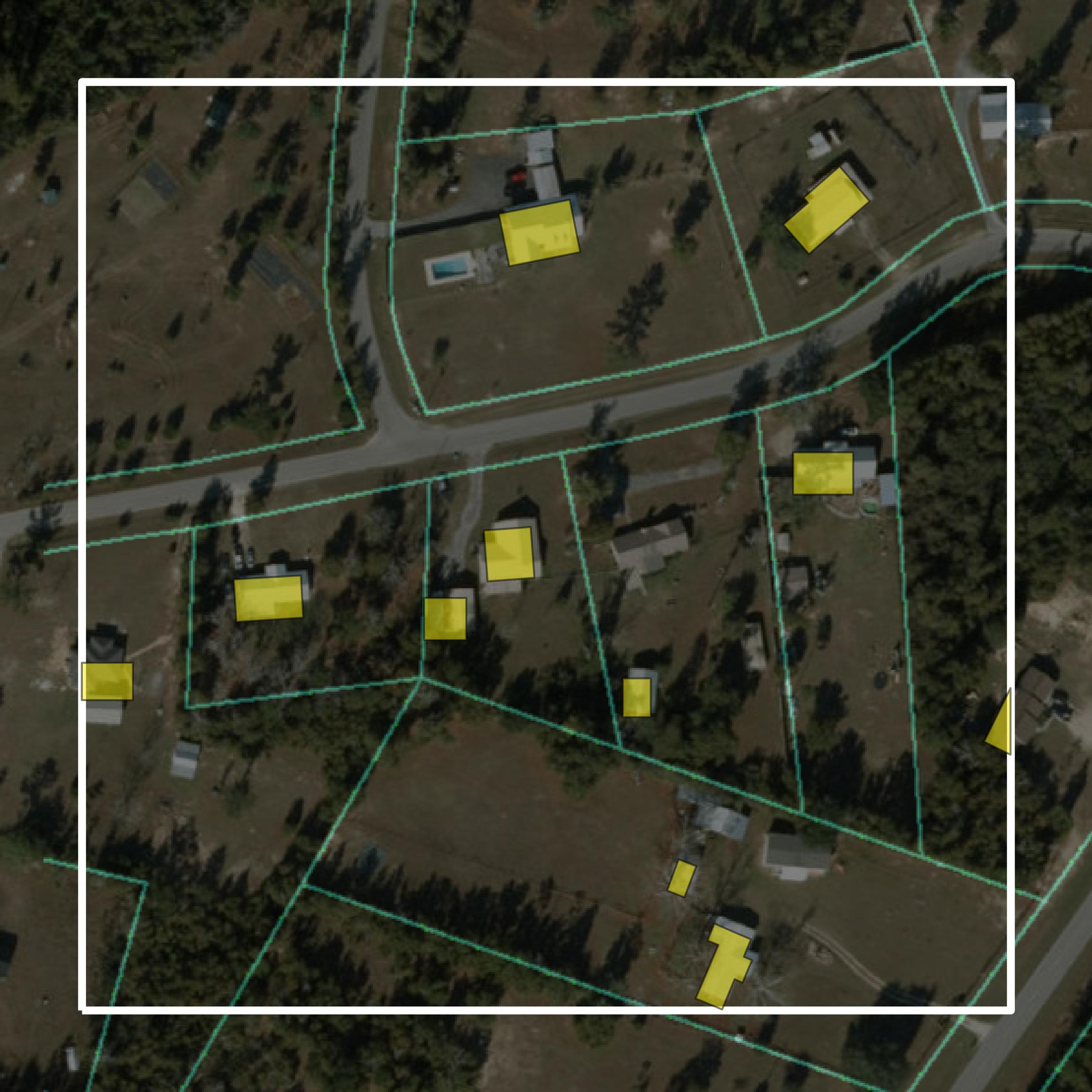 This image shows parcel and building data in Calhoun County created using GIS data in Equator.