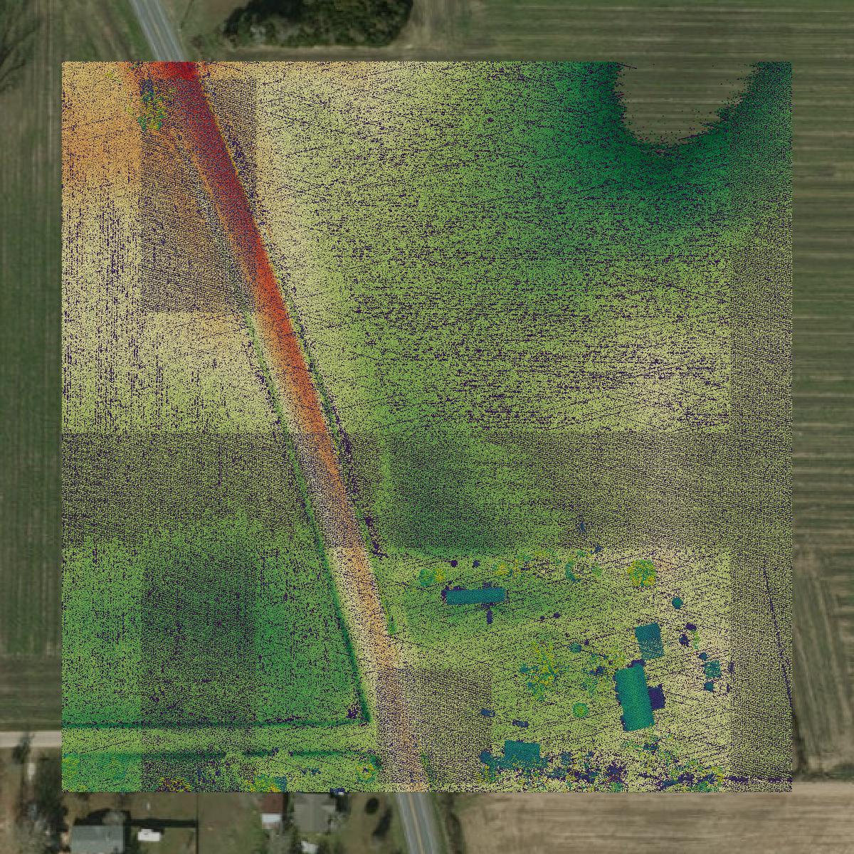 This image shows a LiDAR point cloud in Calhoun County created using GIS data in Equator.