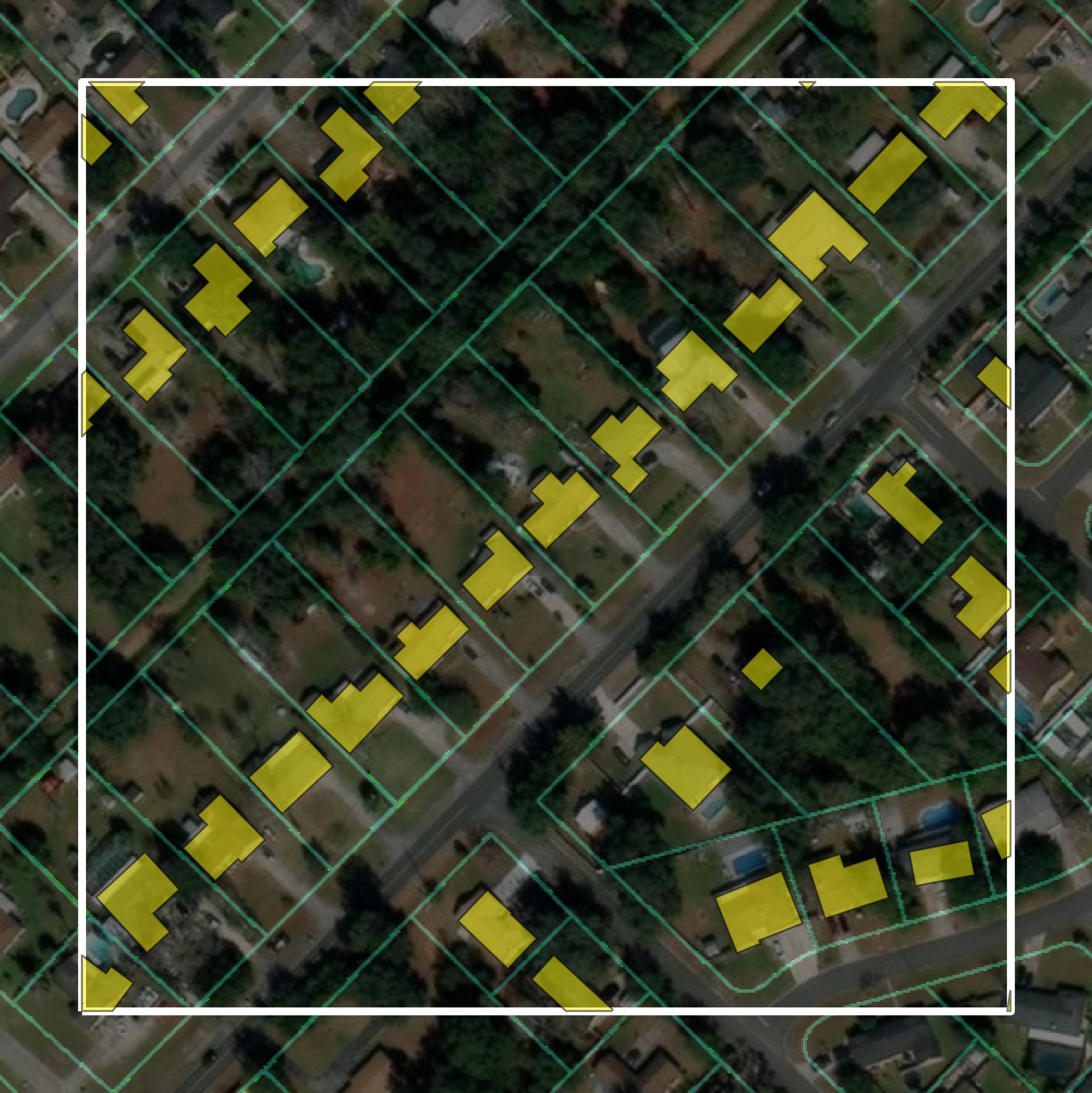 This image shows parcel and building data in Clay County created using GIS data in Equator.