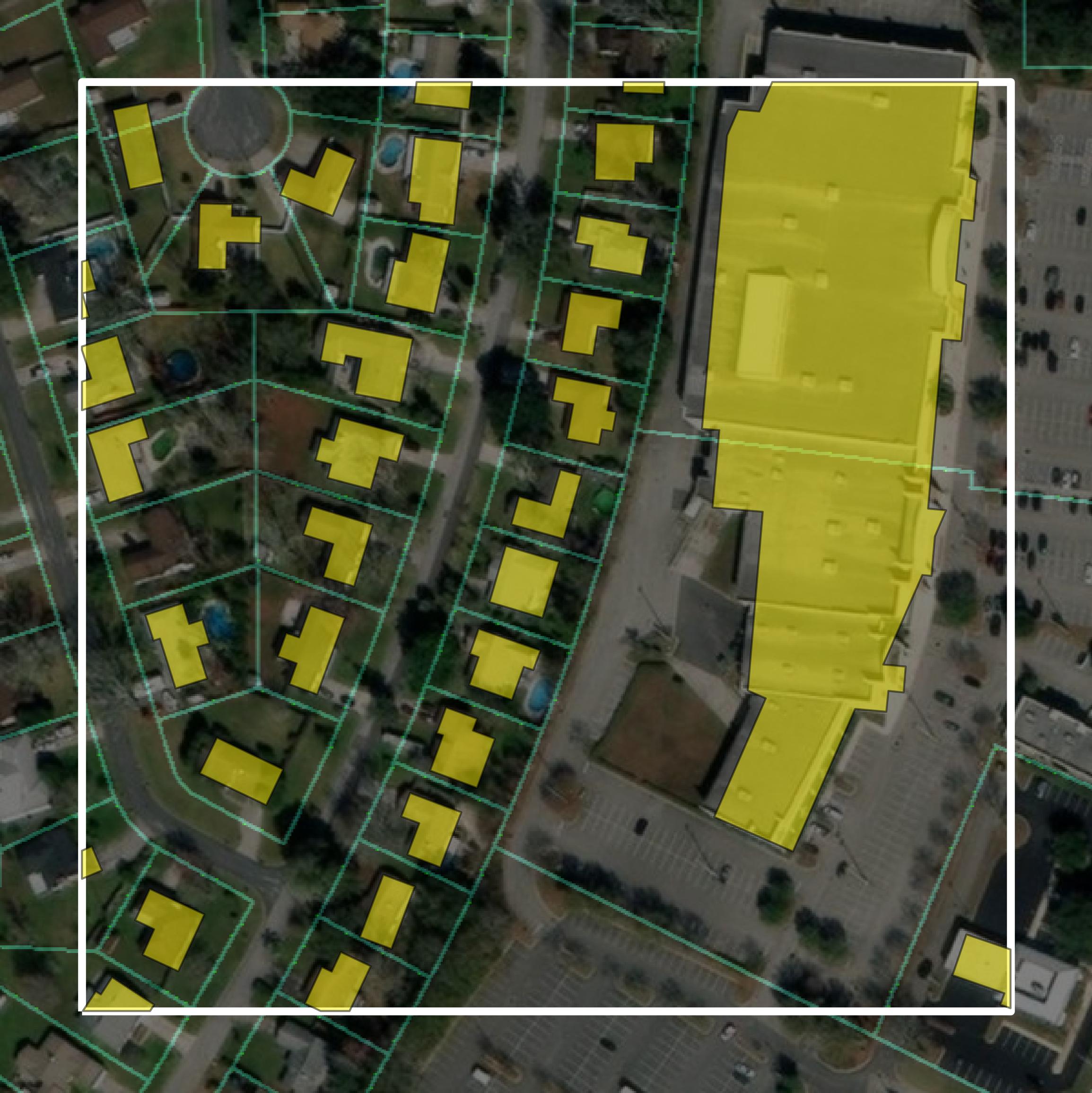 This image shows parcel and building data in Clay County created using GIS data in Equator.