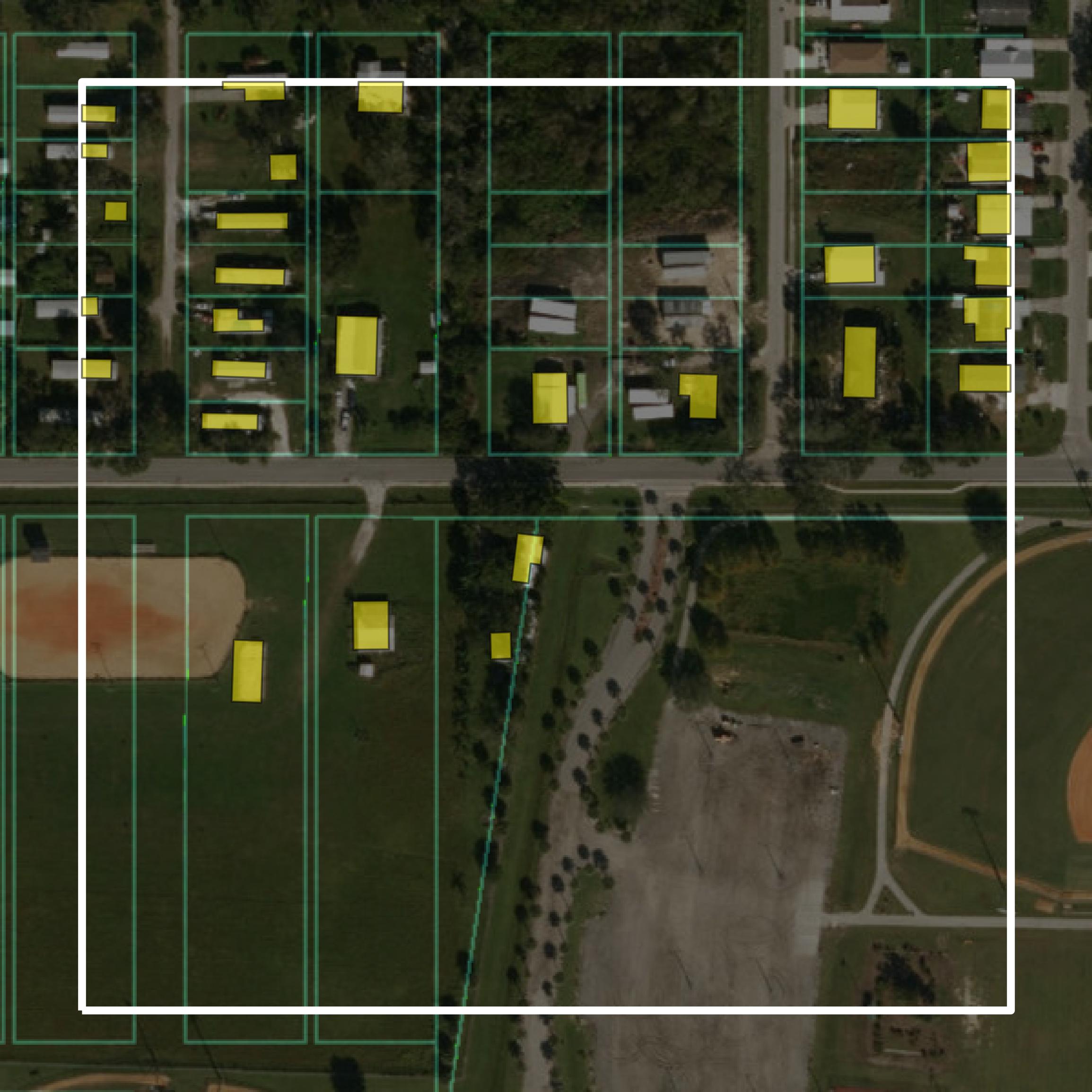 This image shows parcel and building data in DeSoto County created using GIS data in Equator.