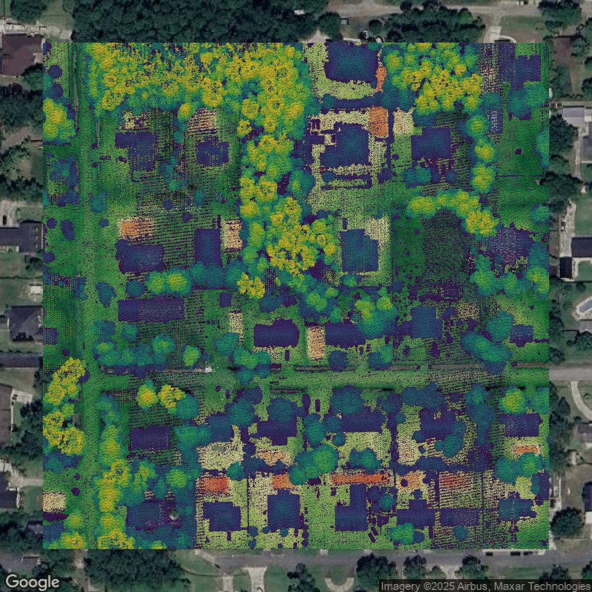 This image shows a LiDAR point cloud in Duval County created using GIS data in Equator.