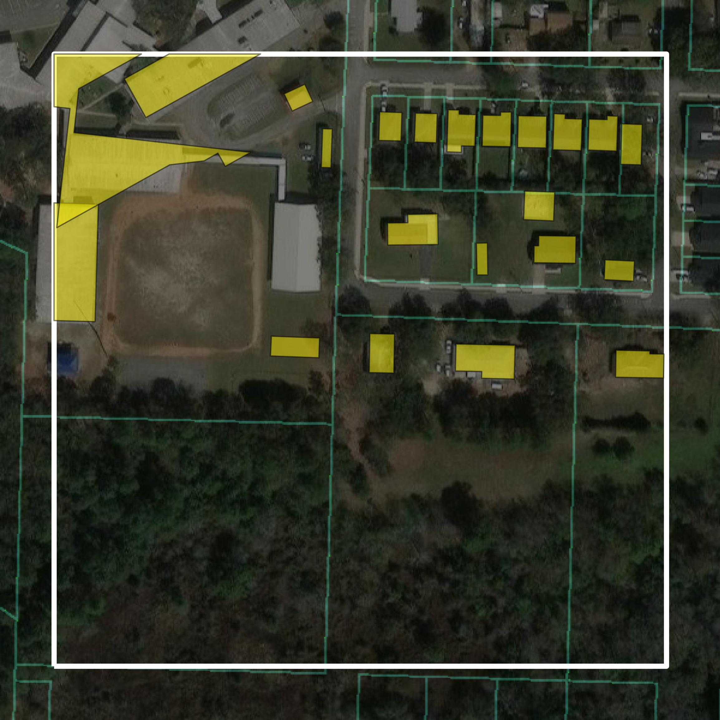 This image shows parcel and building data in Escambia County created using GIS data in Equator.