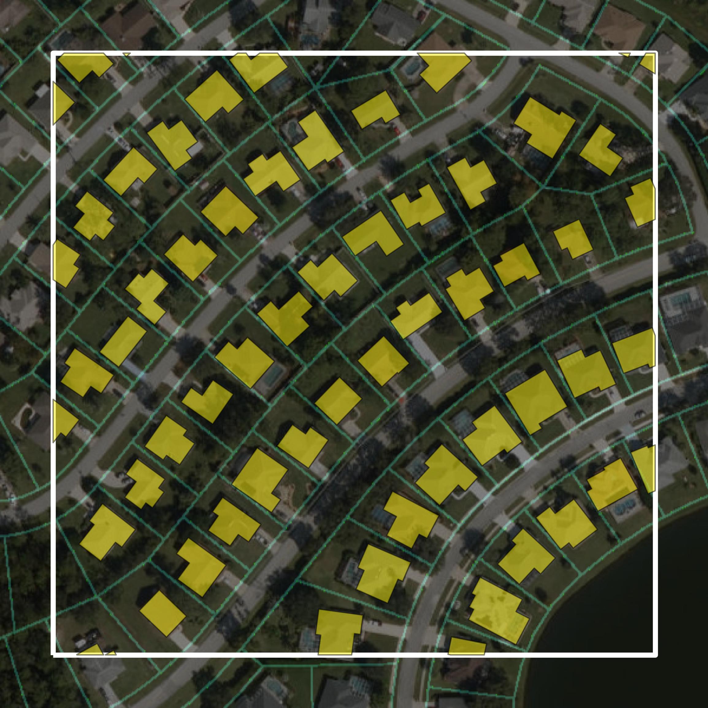 This image shows parcel and building data in Flagler County created using GIS data in Equator.