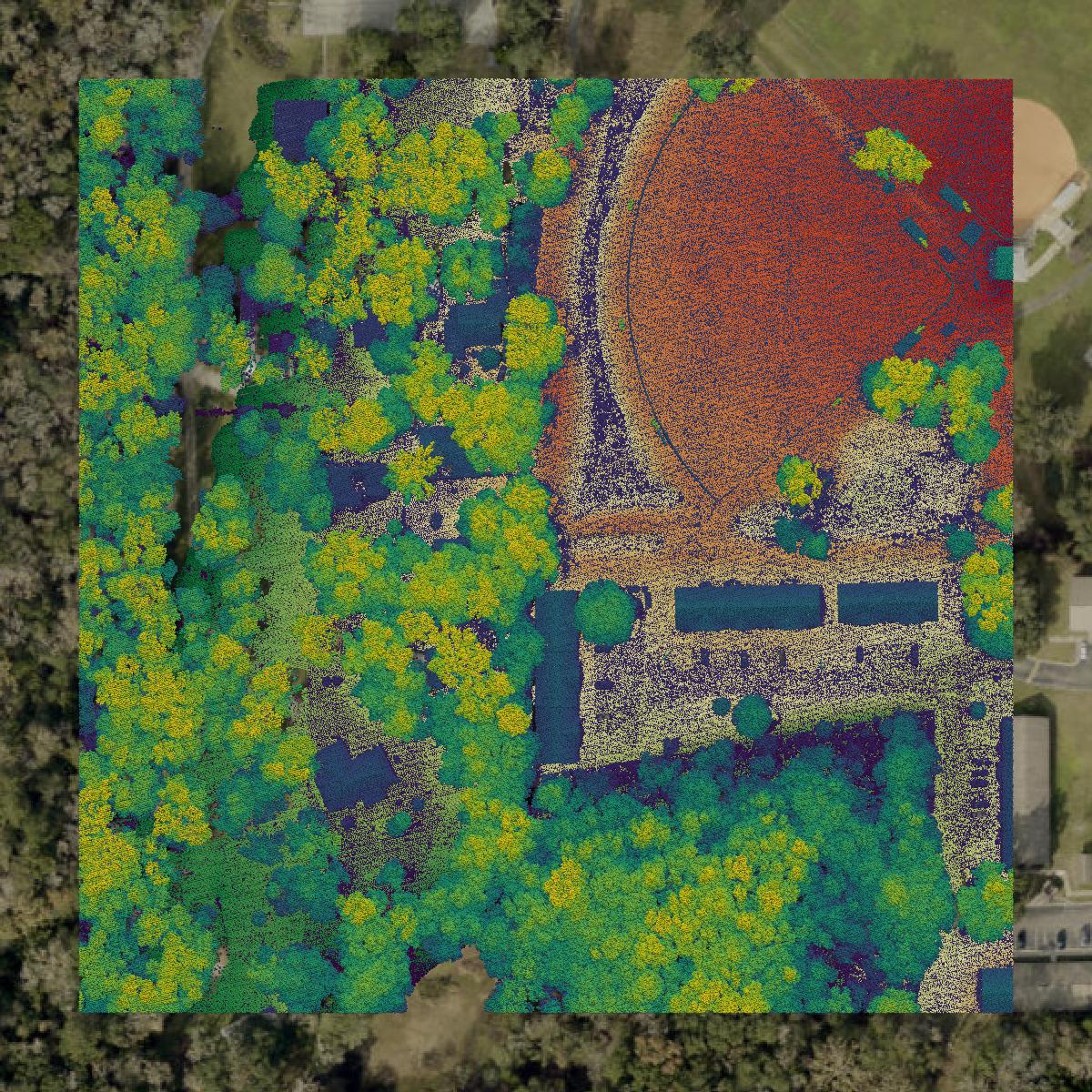 This image shows a LiDAR point cloud in Hernando County created using GIS data in Equator.