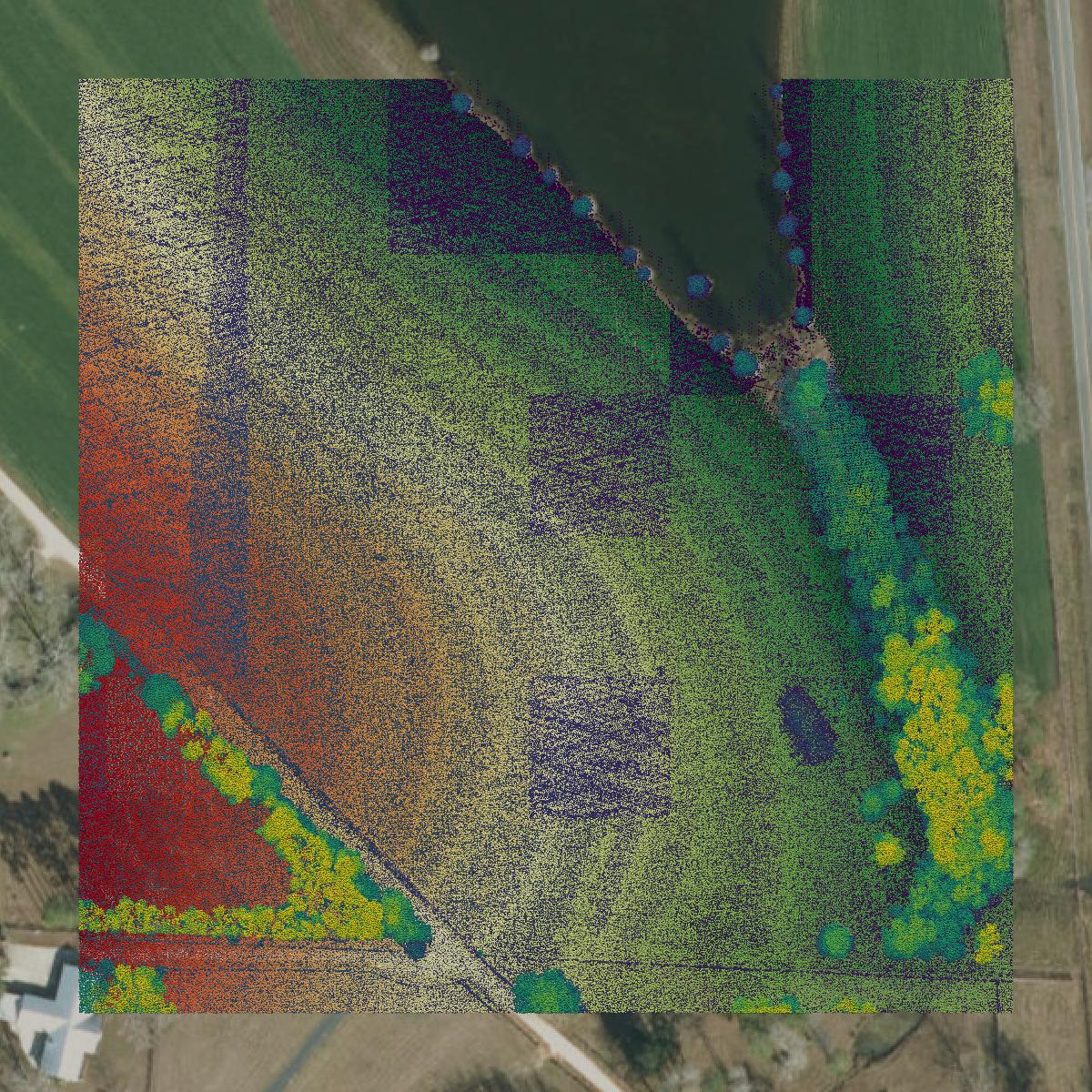 This image shows a LiDAR point cloud in Holmes County created using GIS data in Equator.