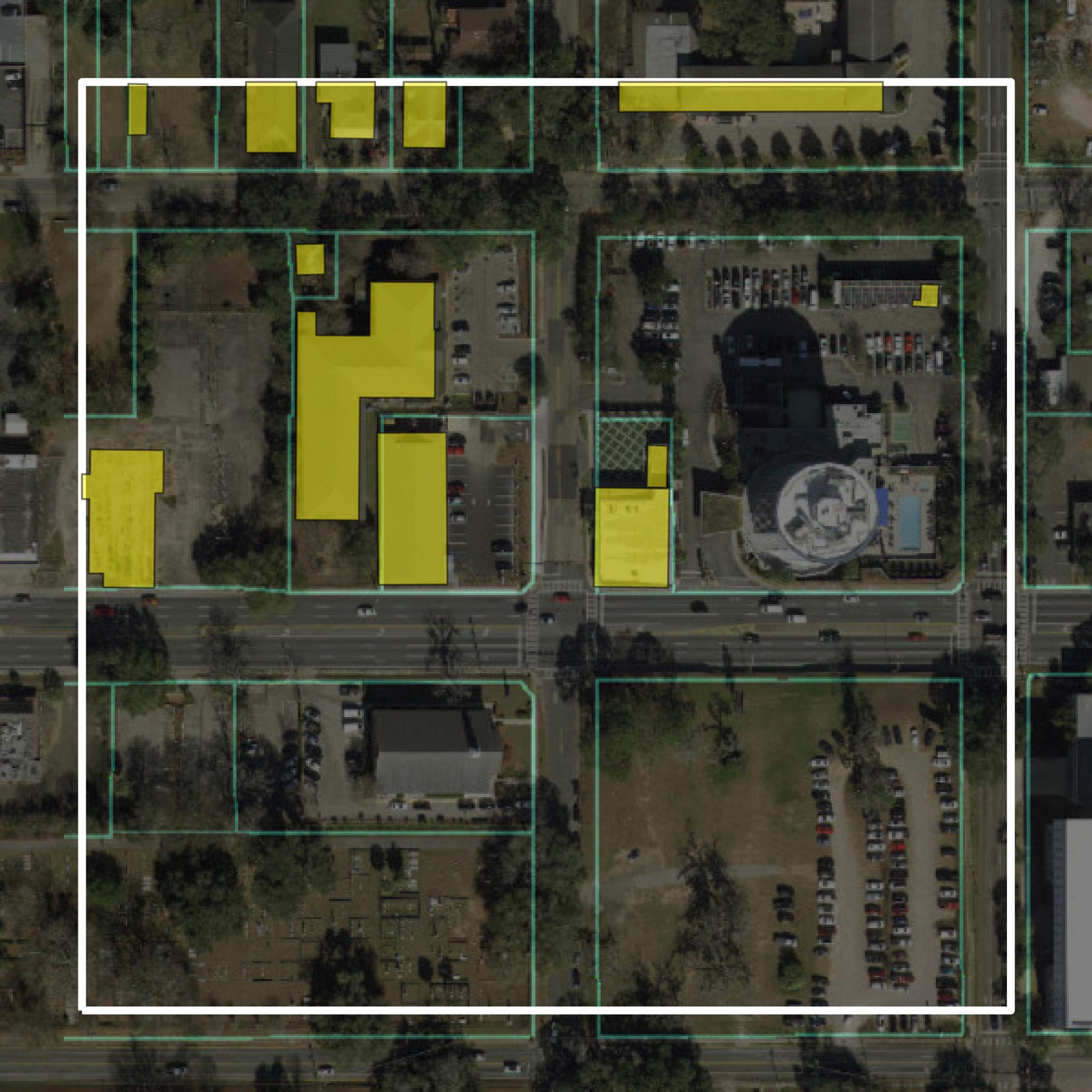 This image shows parcel and building data in Leon County created using GIS data in Equator.