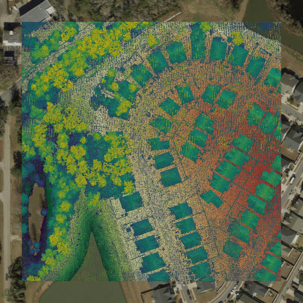 This image shows a LiDAR point cloud in Leon County created using GIS data in Equator.