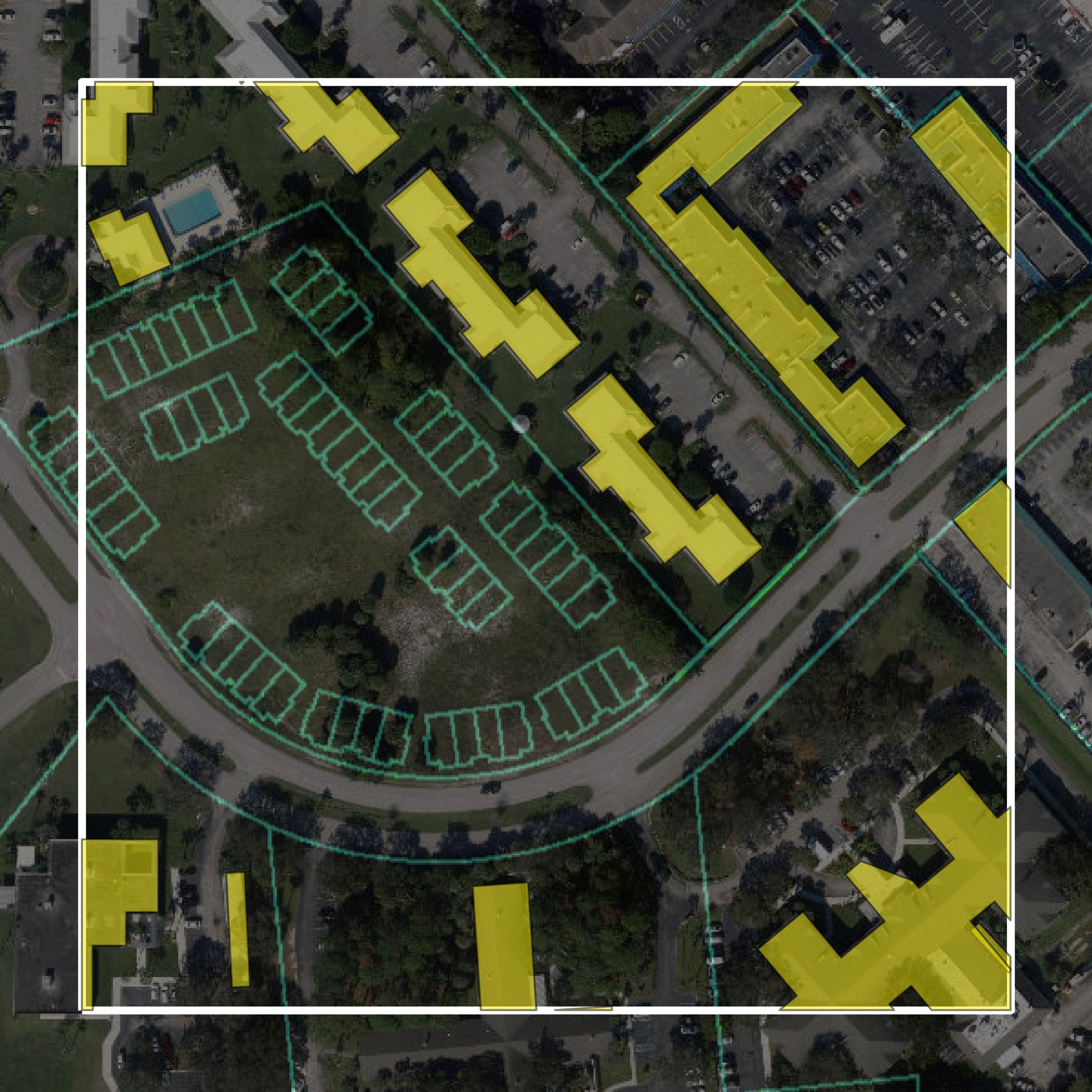 This image shows parcel and building data in Martin County created using GIS data in Equator.