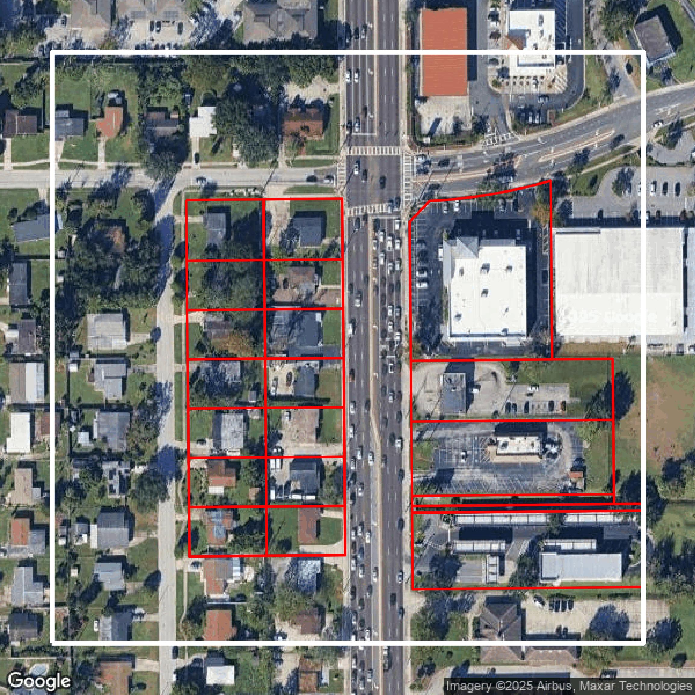 This image shows parcel and building data in Orange County created using GIS data in Equator.