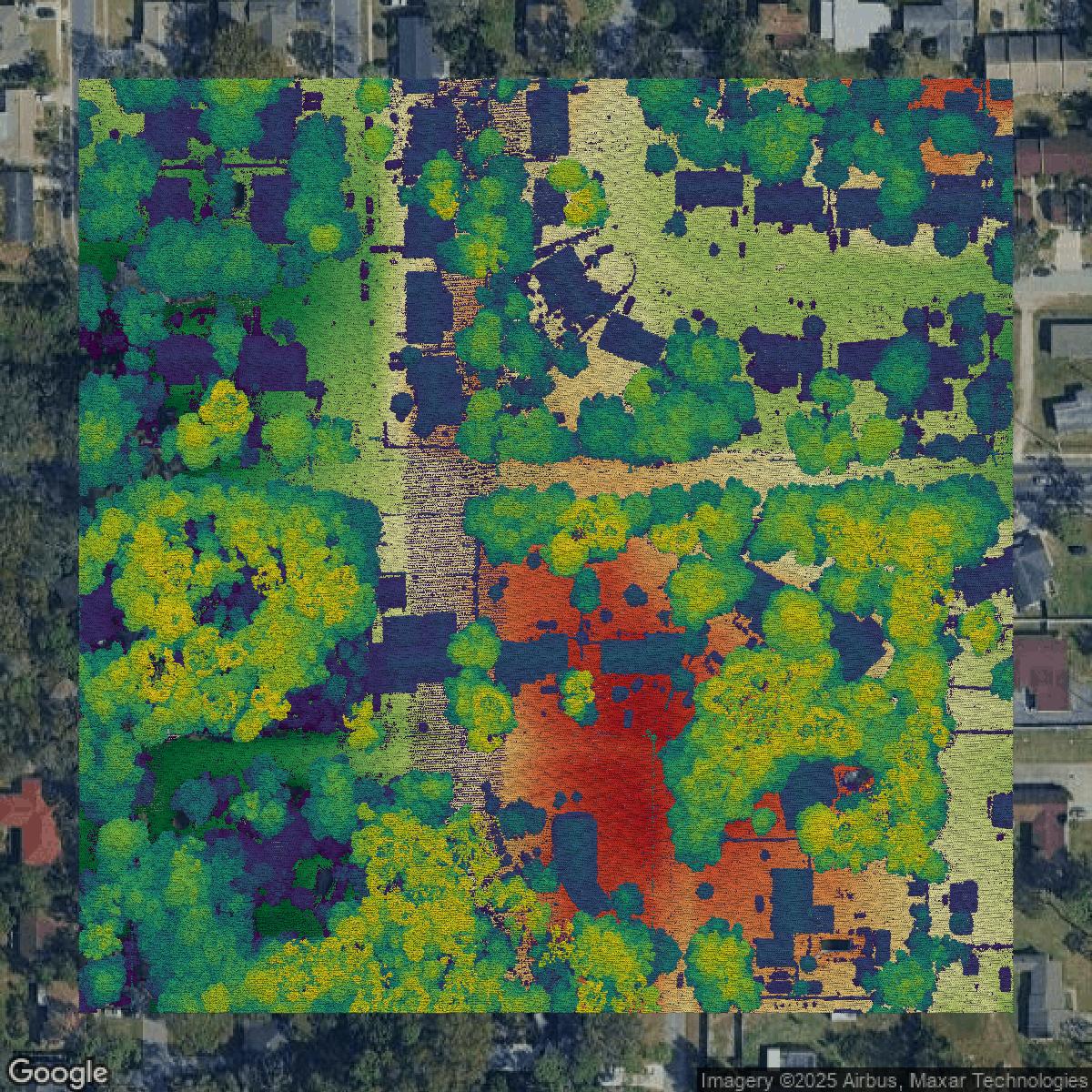 This image shows a LiDAR point cloud in Orange County created using GIS data in Equator.