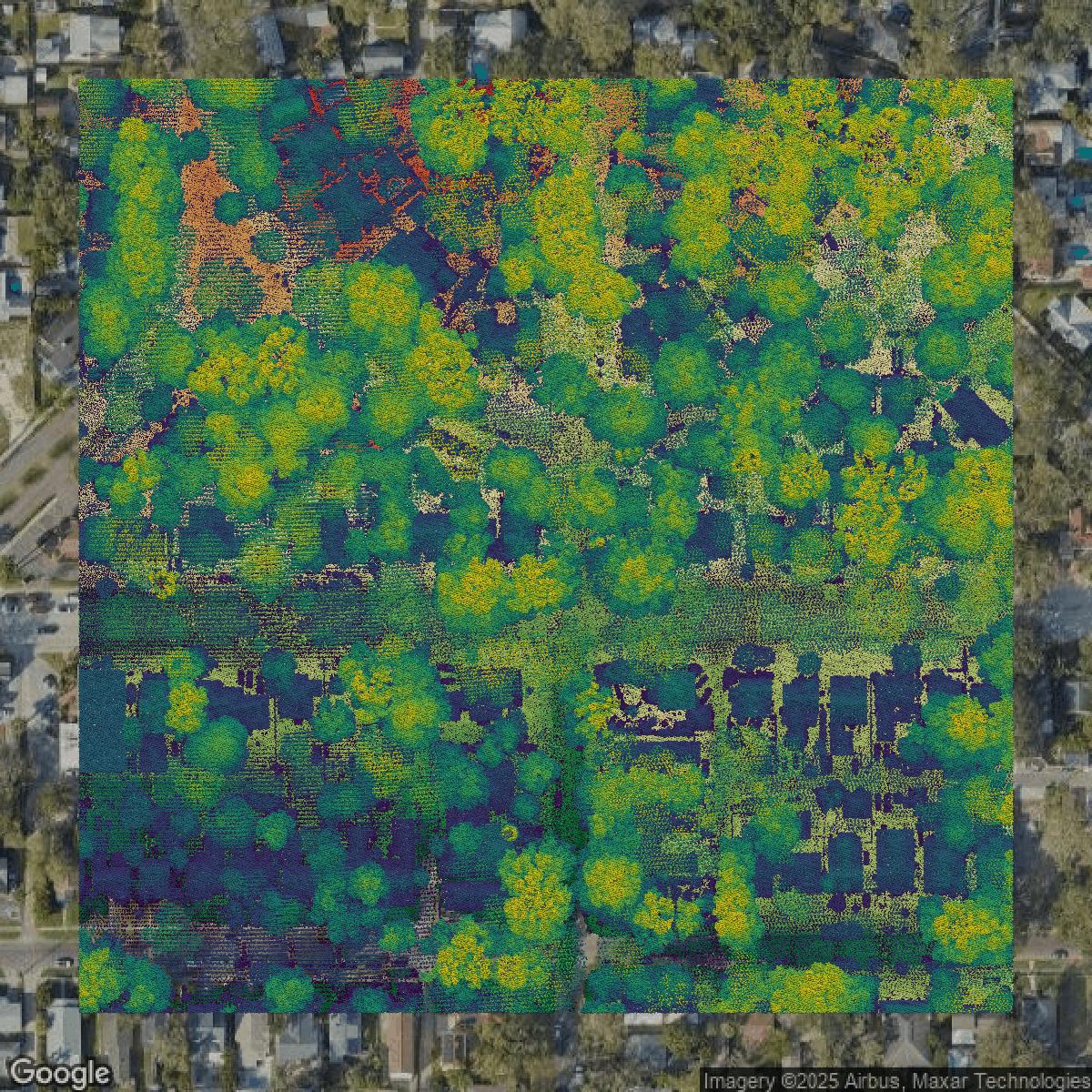 This image shows a LiDAR point cloud in Pinellas County created using GIS data in Equator.