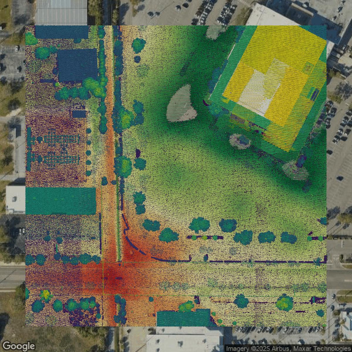 This image shows a LiDAR point cloud in Pinellas County created using GIS data in Equator.