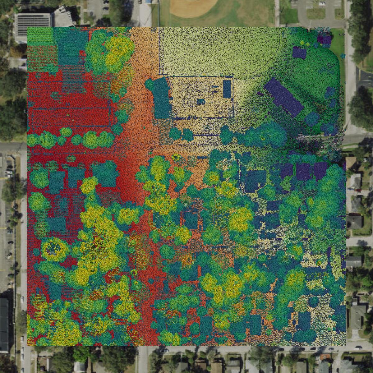 This image shows a LiDAR point cloud in Pinellas County created using GIS data in Equator.