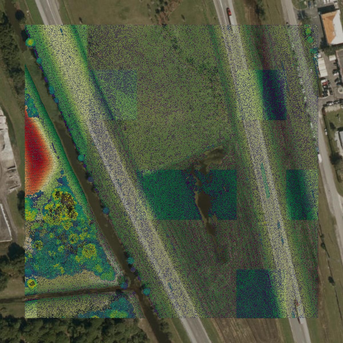 This image shows a LiDAR point cloud in St. Lucie County created using GIS data in Equator.