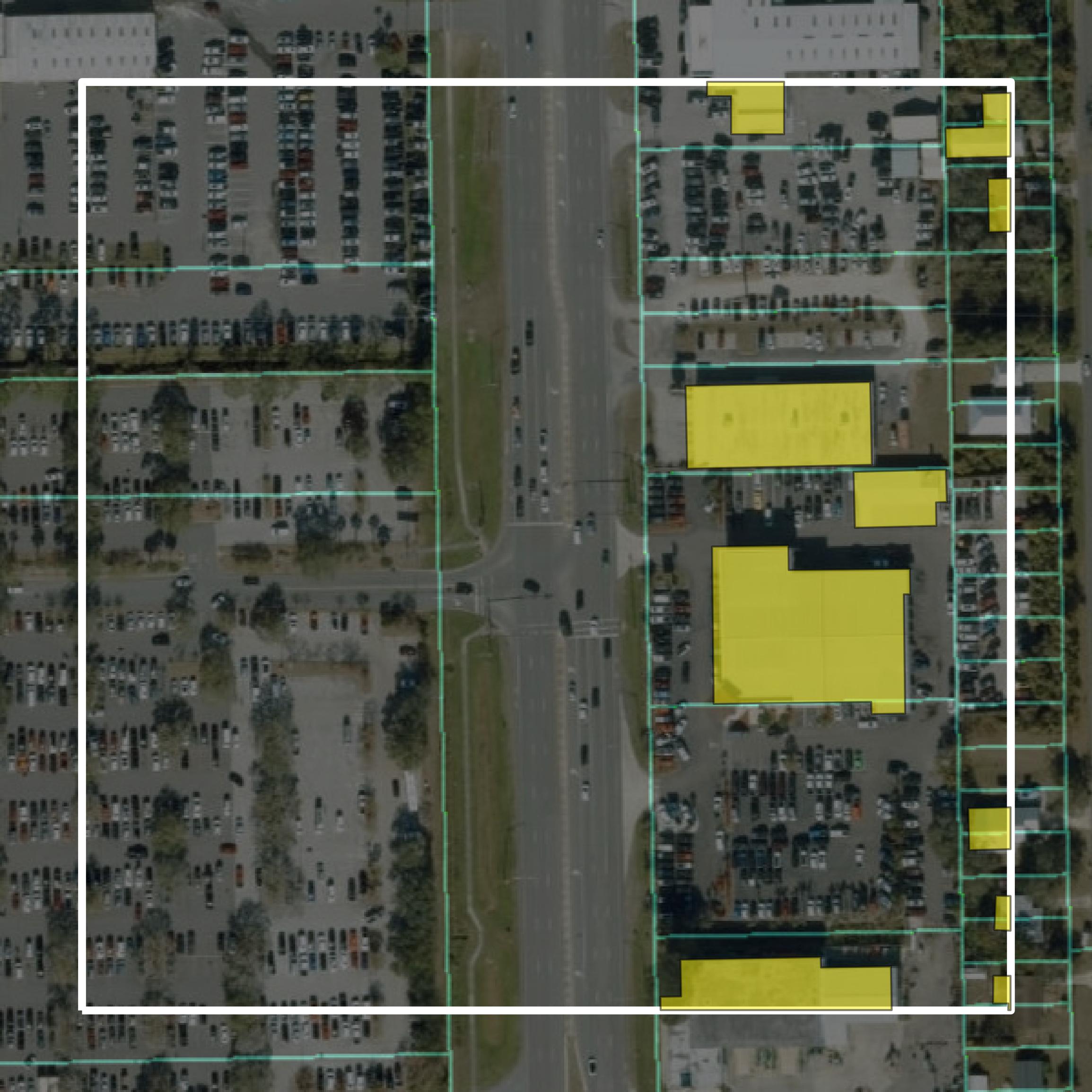 This image shows parcel and building data in St. Johns County created using GIS data in Equator.