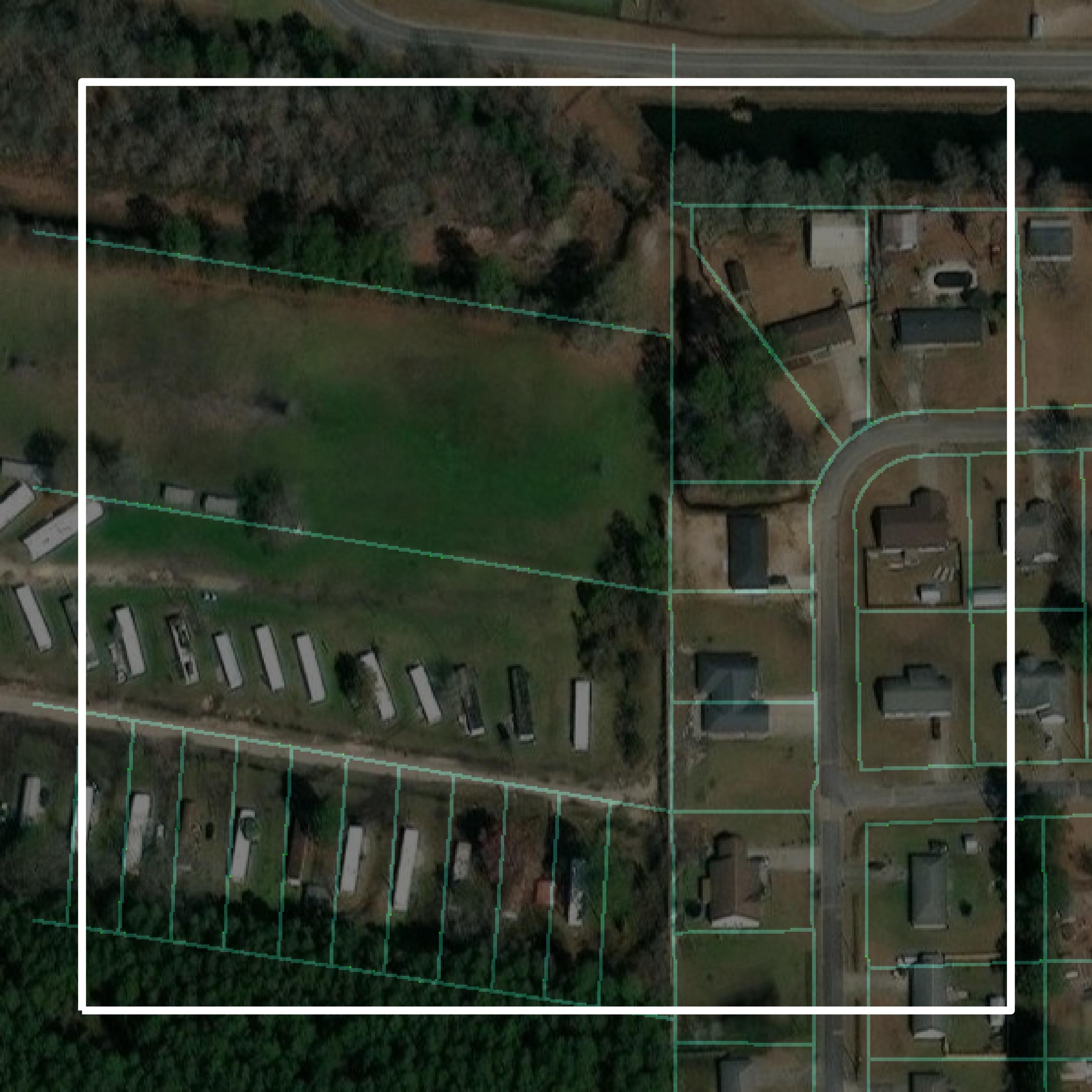 This image shows parcel and building data in Appling County created using GIS data in Equator.