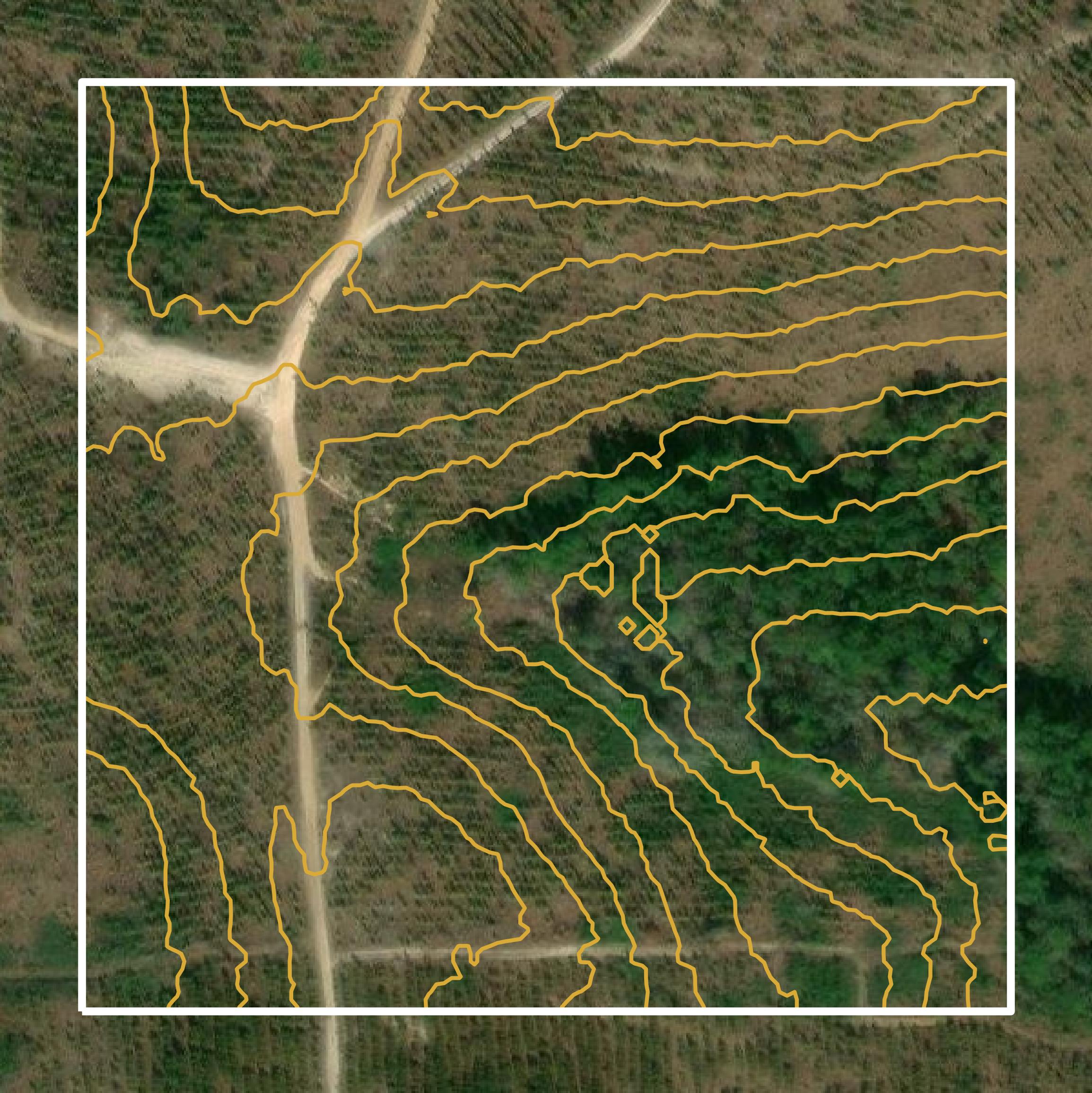 This image shows a contour map in Ben Hill County created using GIS data in Equator.
