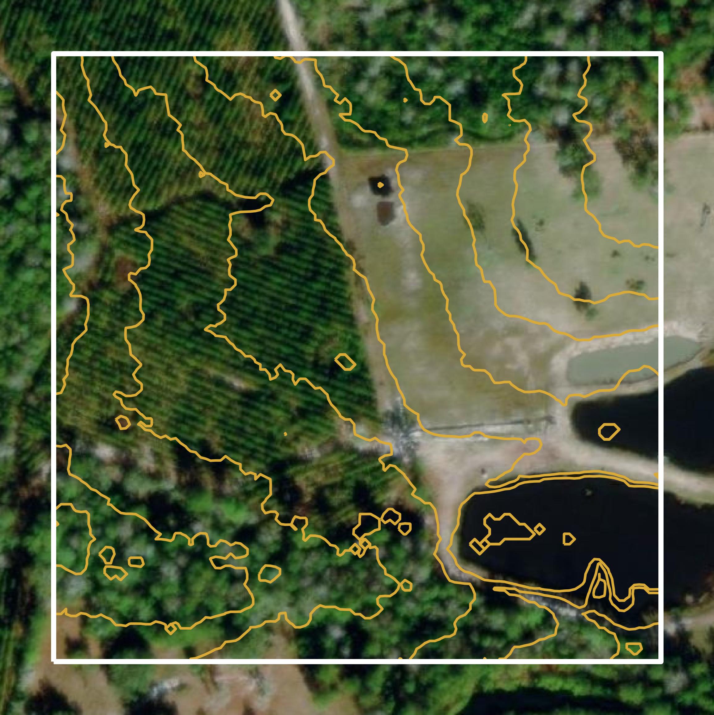 This image shows a contour map in Brantley County created using GIS data in Equator.